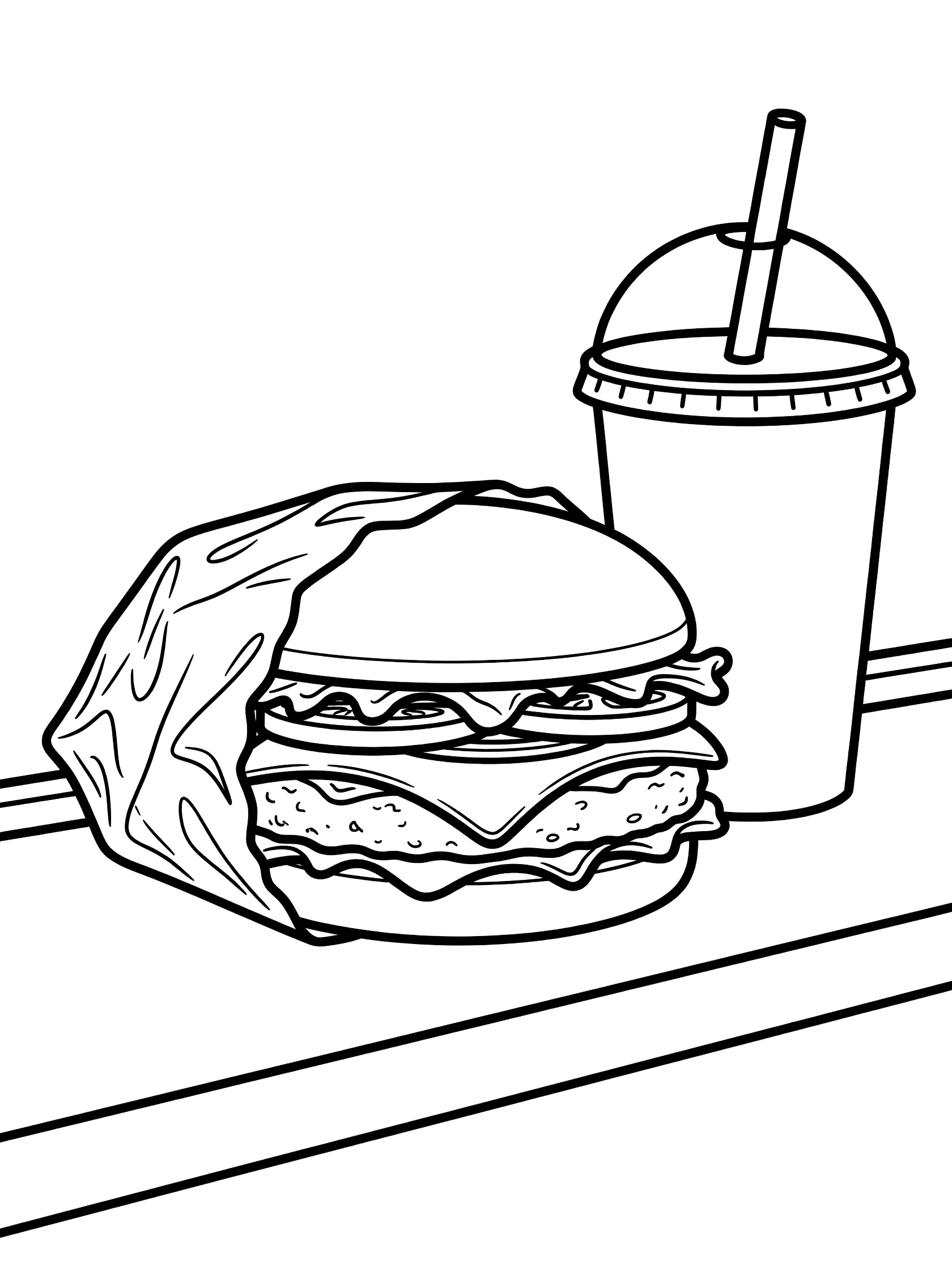 Black and white line art of a cheeseburger partially unwrapped from crinkled paper revealing cheese and toppings, with a soda cup beside it on a ledge.