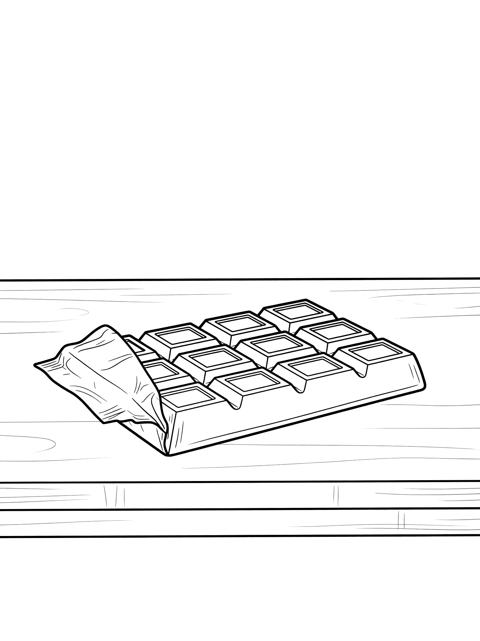 Line drawing of rectangular chocolate bar on wooden counter with foil wrapper peeled back showing chocolate squares.