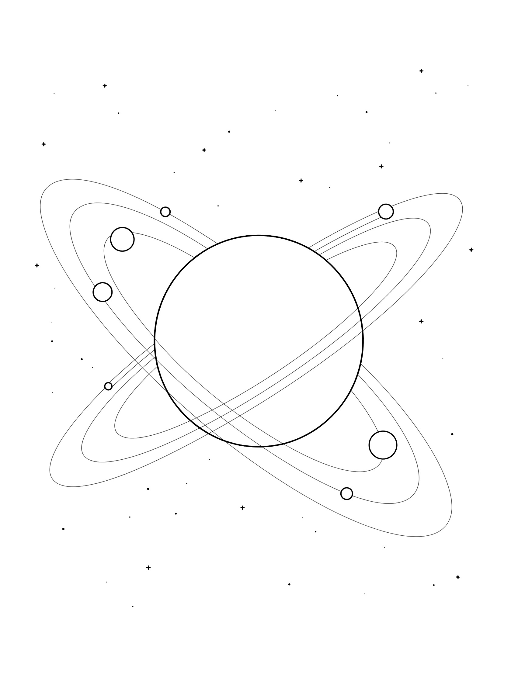 Black-and-white coloring page of Uranus planet with multiple rings, small moons orbiting around it, and distant stars on white background
