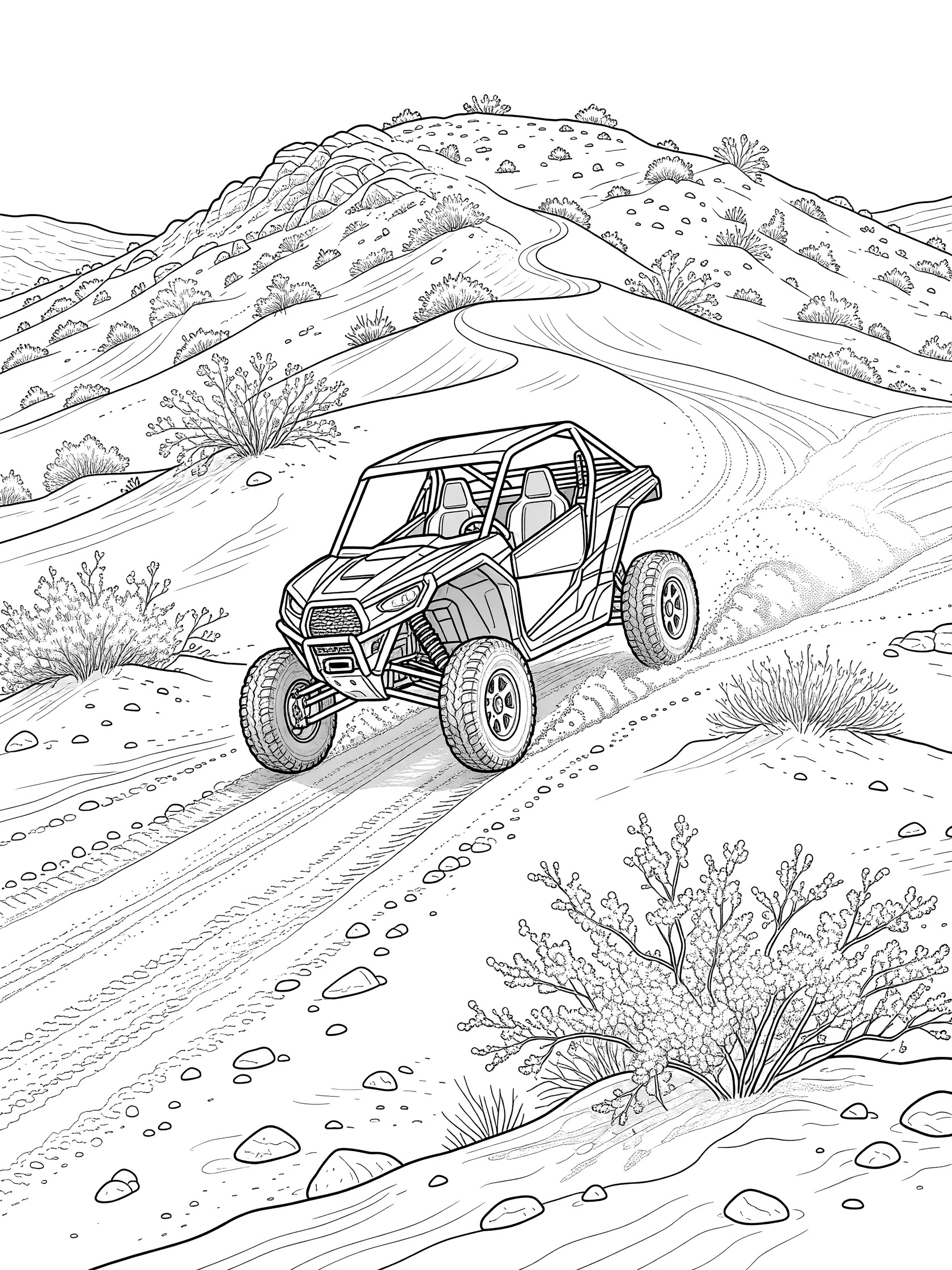 Black-and-white coloring page of a UTV climbing a steep sandy hill in desert terrain with rocks, dirt trail, and bushes