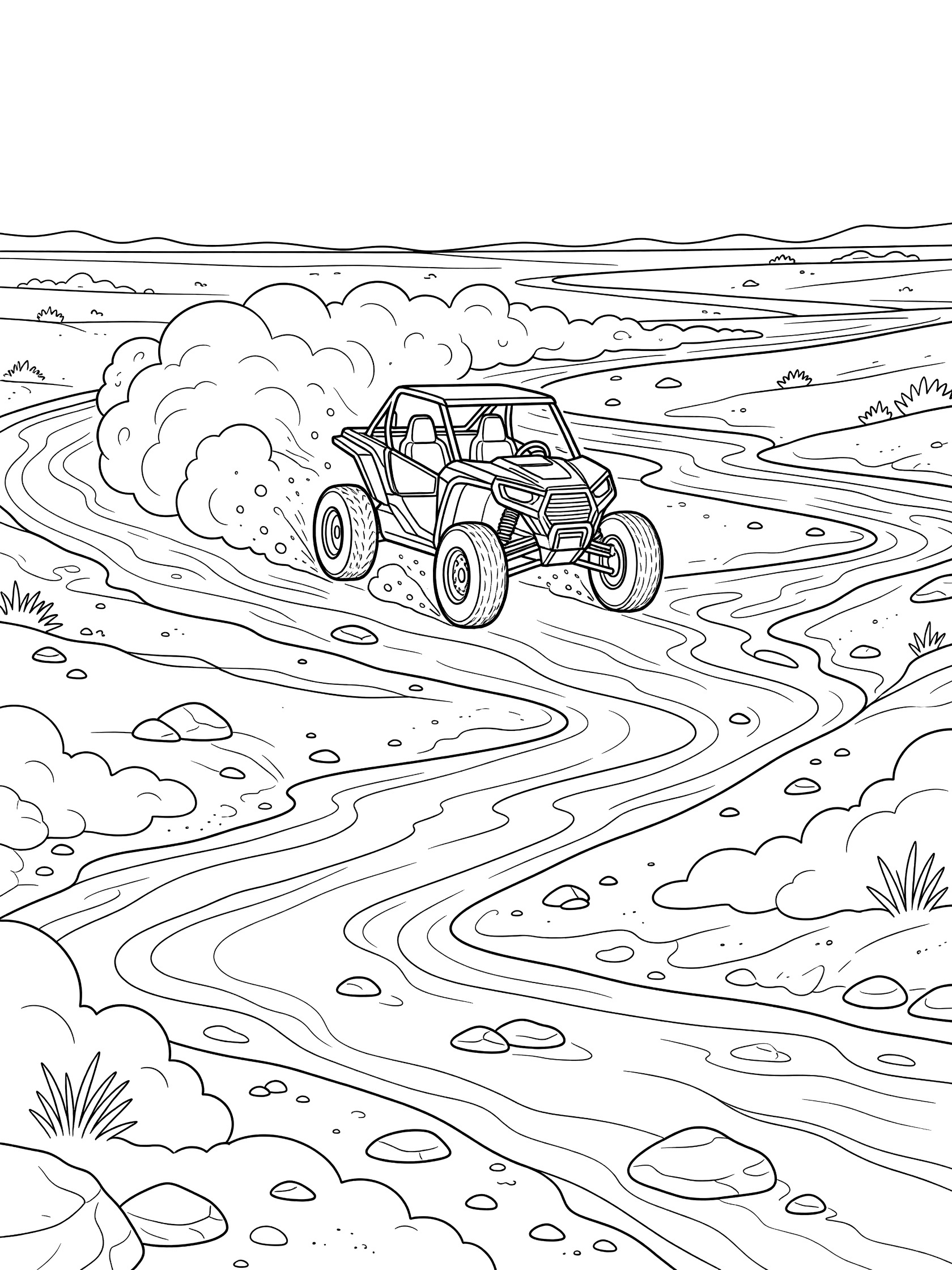 Line art coloring page showing a UTV dashing in a dry wash, kicking up dust clouds behind its tires amid desert rocks and patterns.