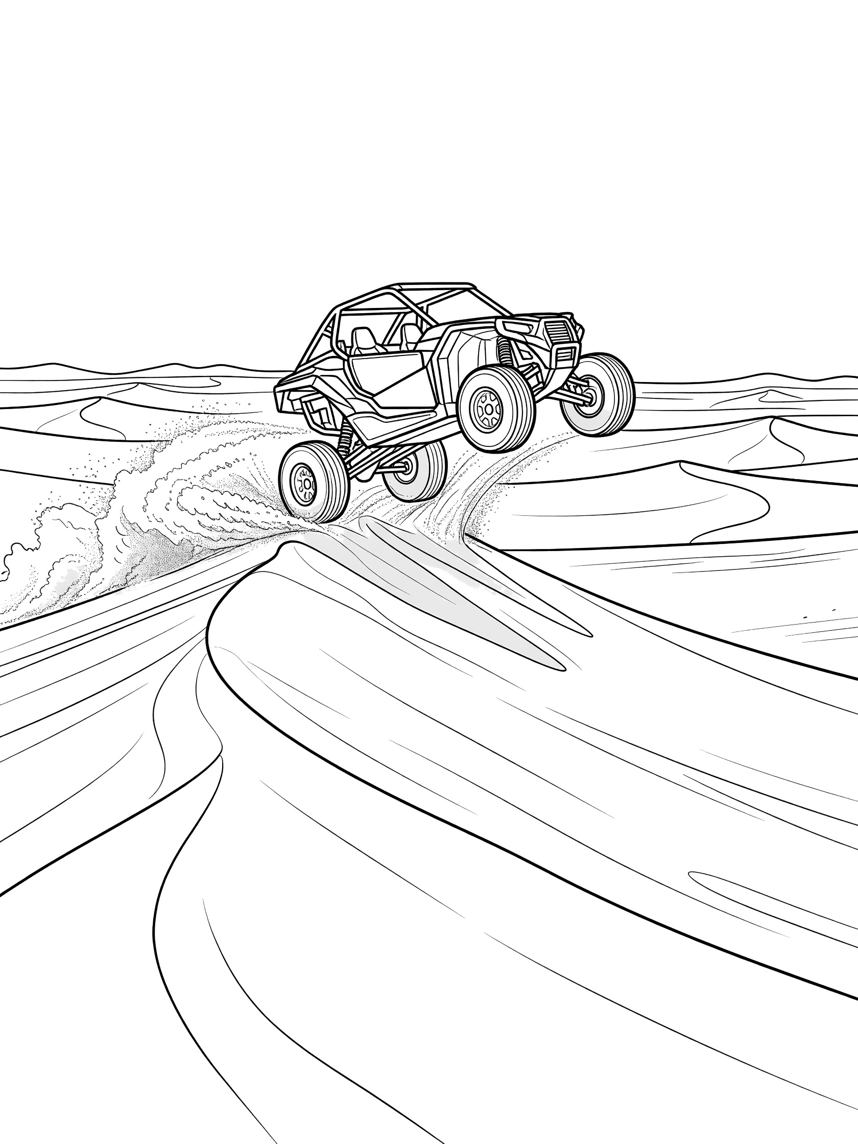 Line art coloring page showing a UTV jumping over a massive sand dune with sand flying from its tires in the Baja desert