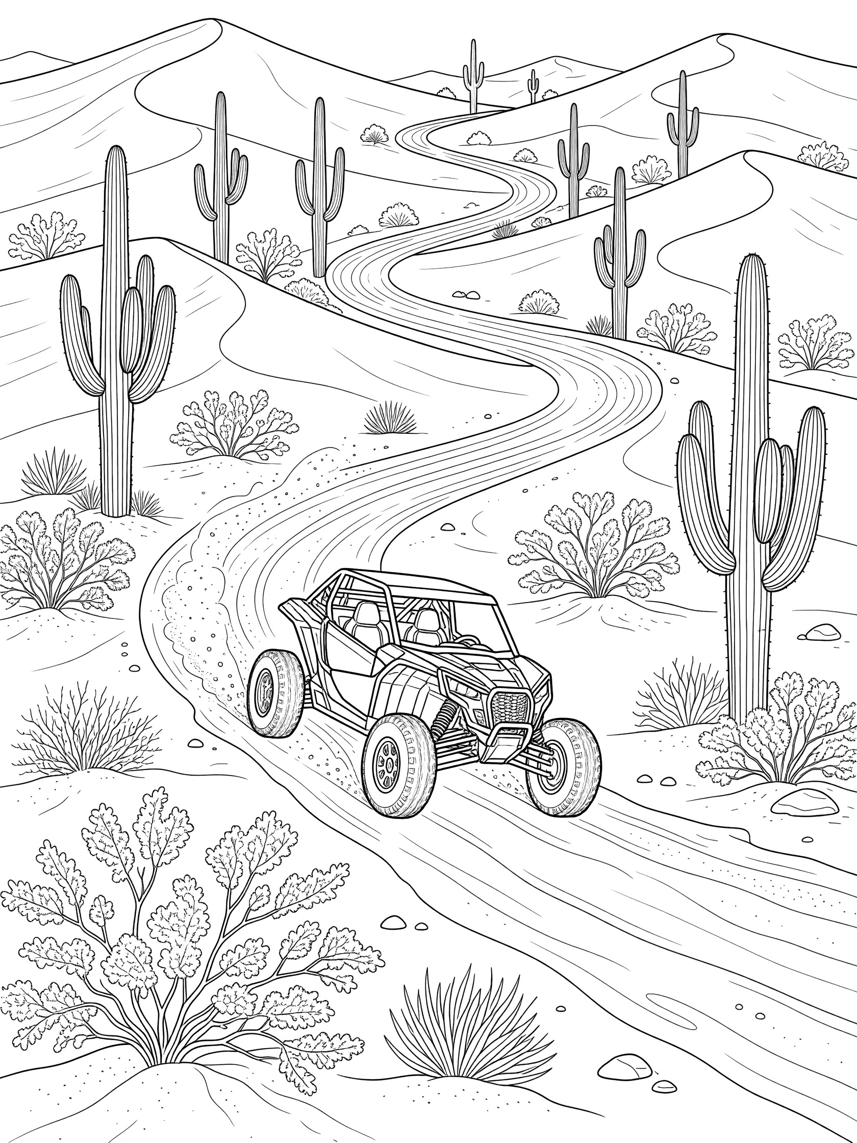 Black and white coloring page of a UTV vehicle racing on a curvy desert path surrounded by saguaro cacti, dunes, and bushes.
