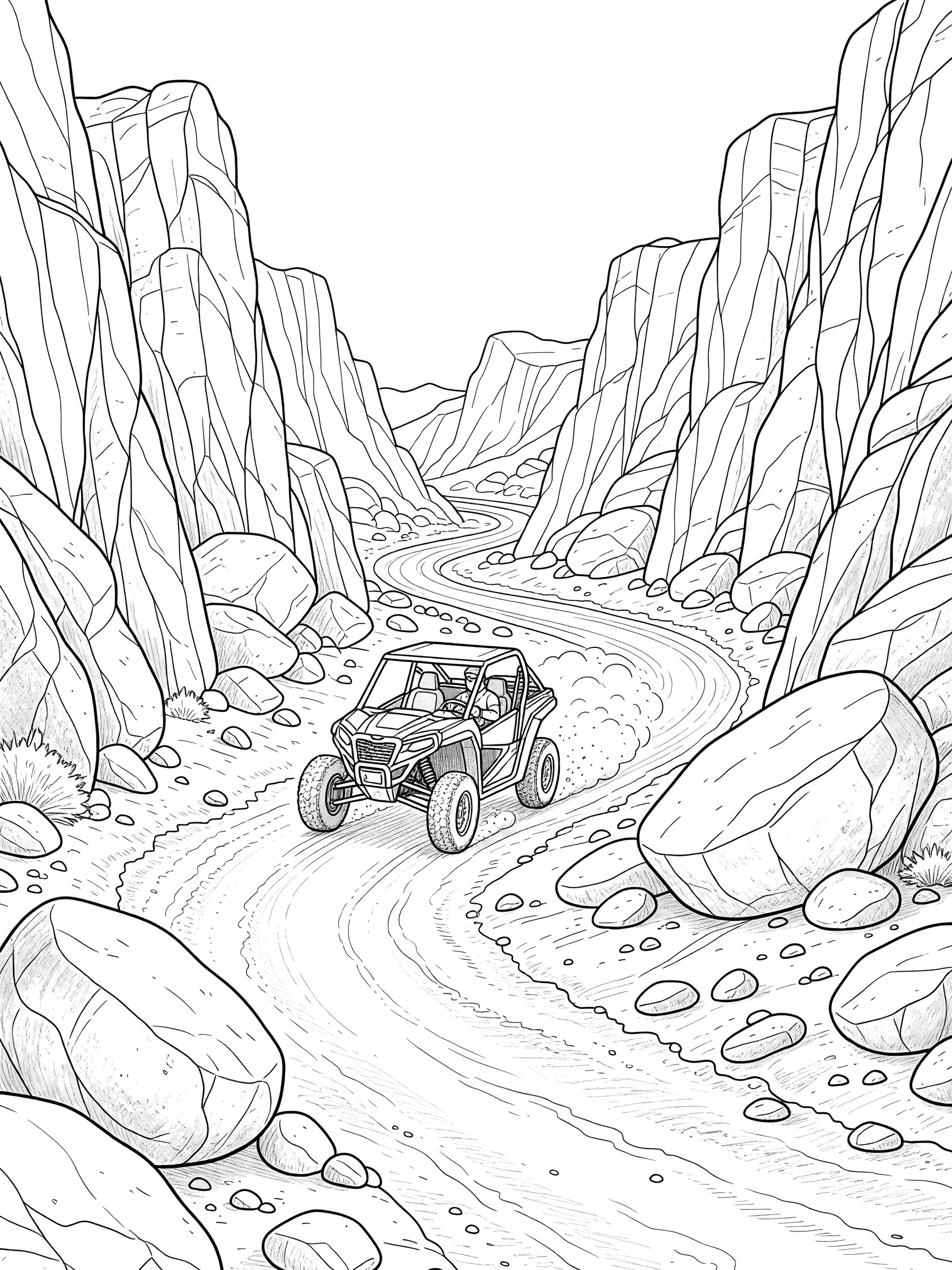 Black-and-white coloring page showing a rugged UTV speeding on a dusty trail through a rocky canyon, dodging boulders with sharp canyon walls rising high.