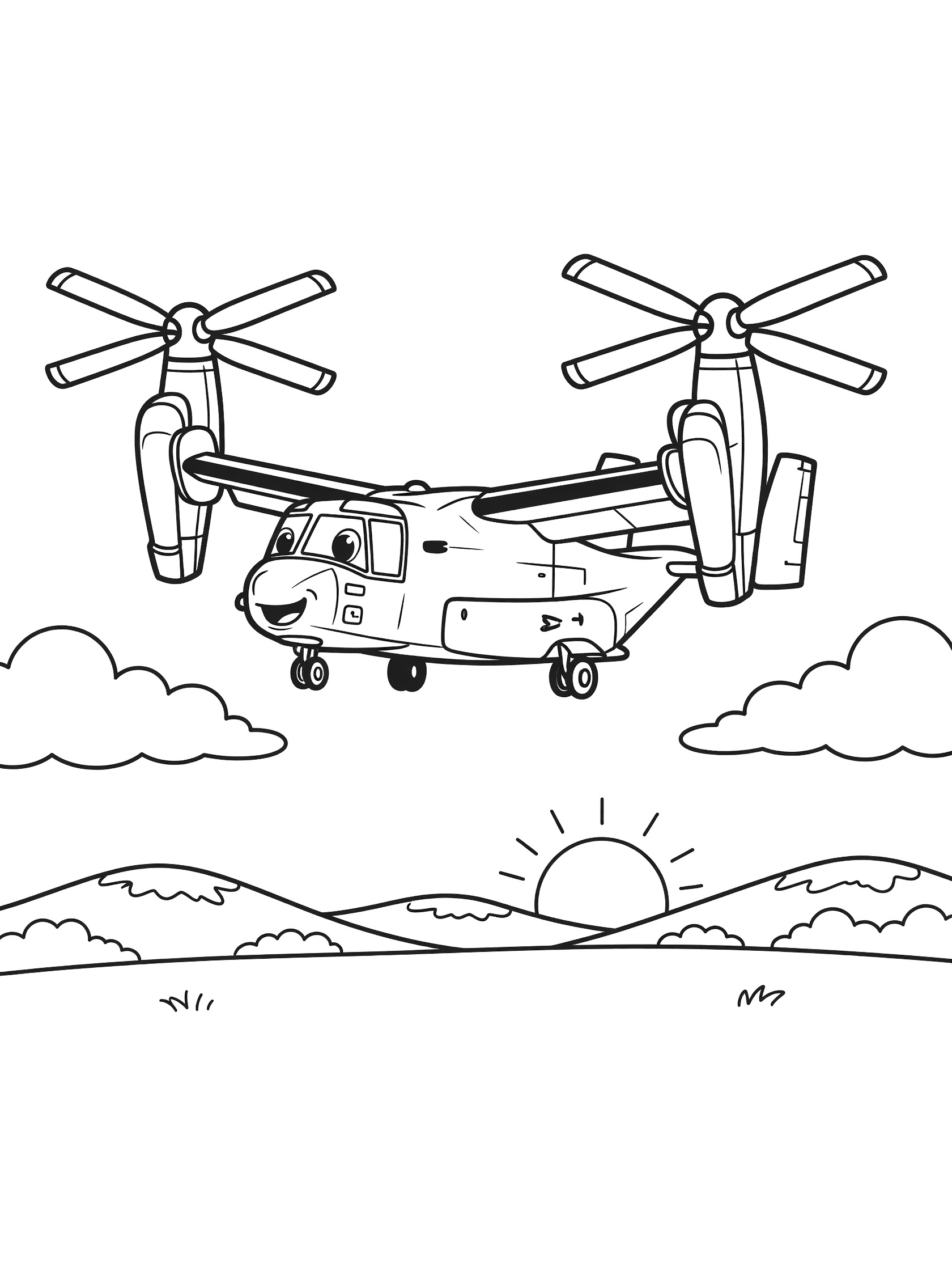Black and white line art of V-22 Osprey aircraft with two sets of propellers, smiling face, flying above hills, sun, and clouds