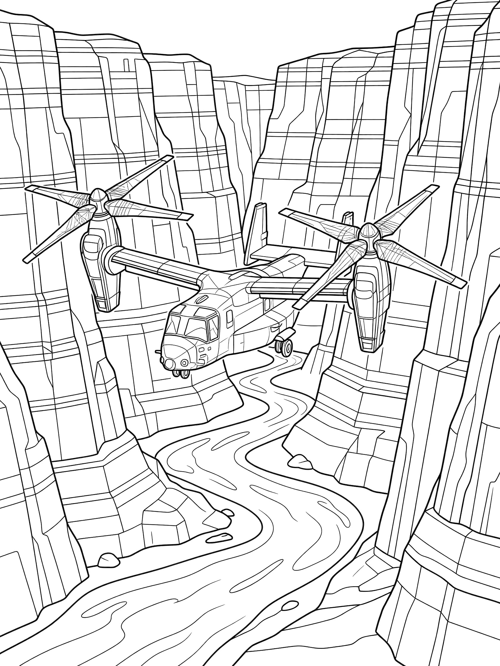Black and white line art of V-22 Osprey in forward flight soaring through a canyon with tall cliffs and river