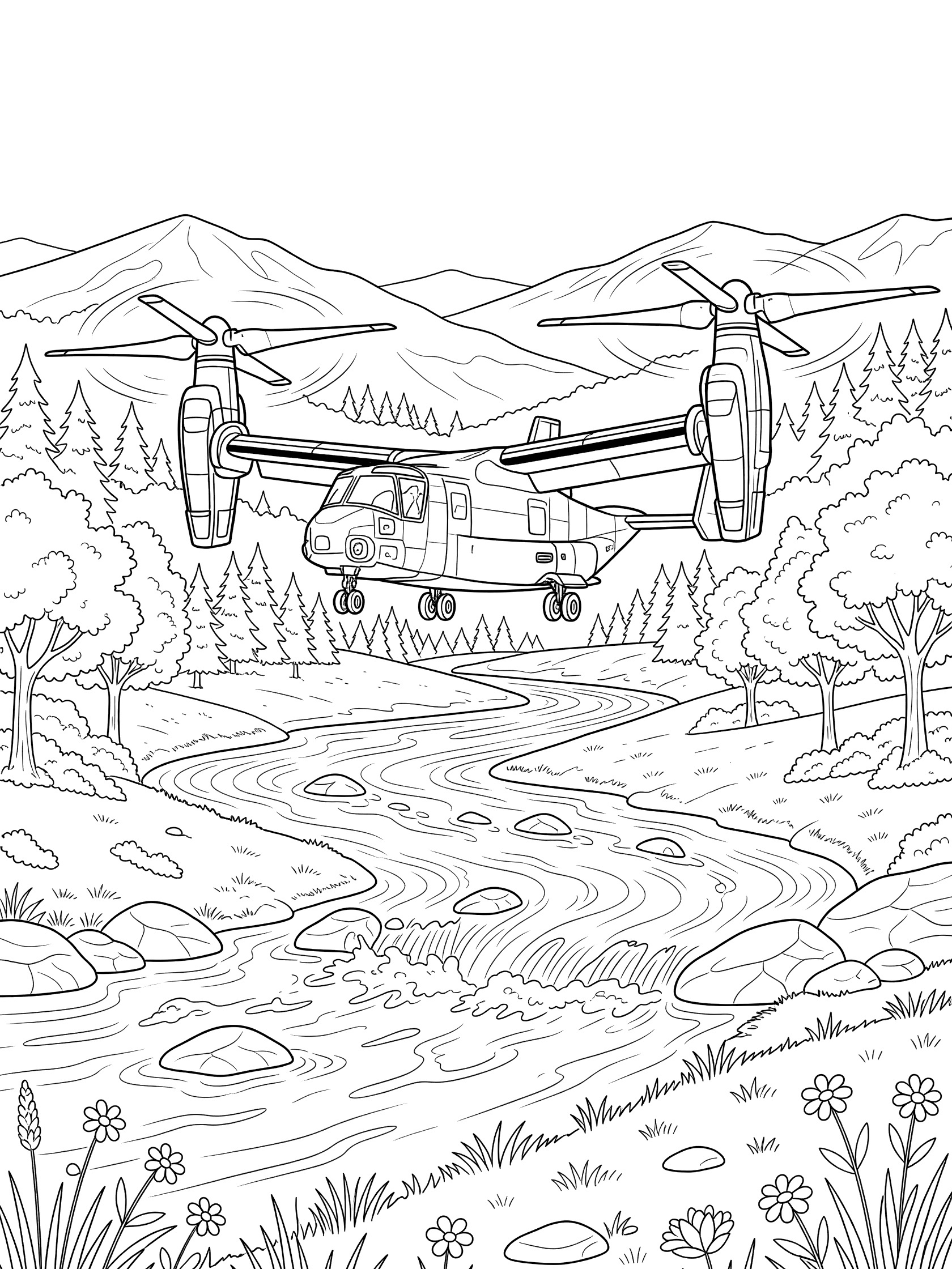 Line art coloring page showing V-22 Osprey with tilted proprotors hovering above rushing river rapids, boulders, tall grasses, wildflowers, forested hills and distant peaks.