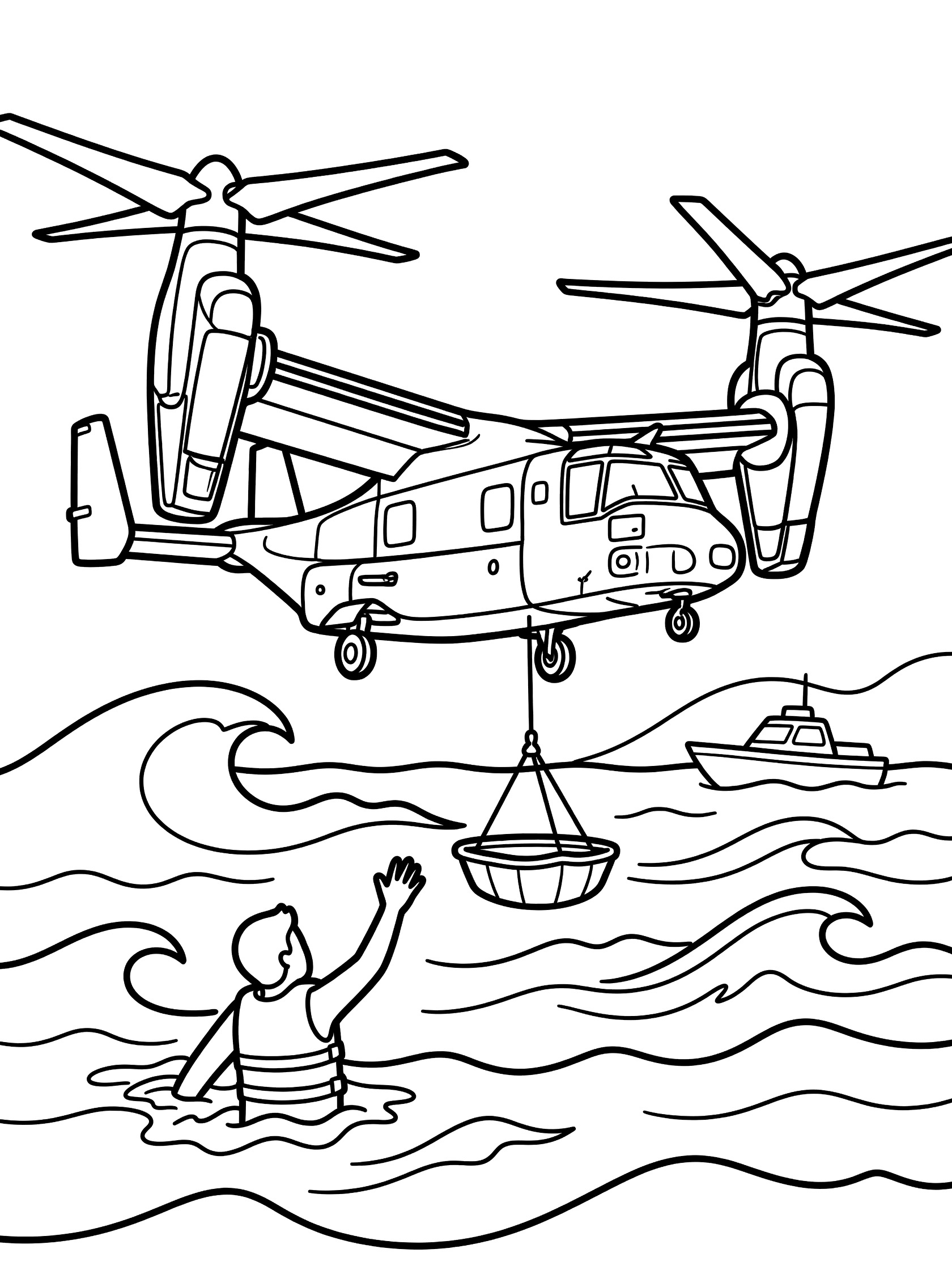 Black and white line art of V-22 Osprey aircraft hovering low over choppy ocean waves during rescue, with hoist basket lowering to swimmer reaching up, and distant boat.