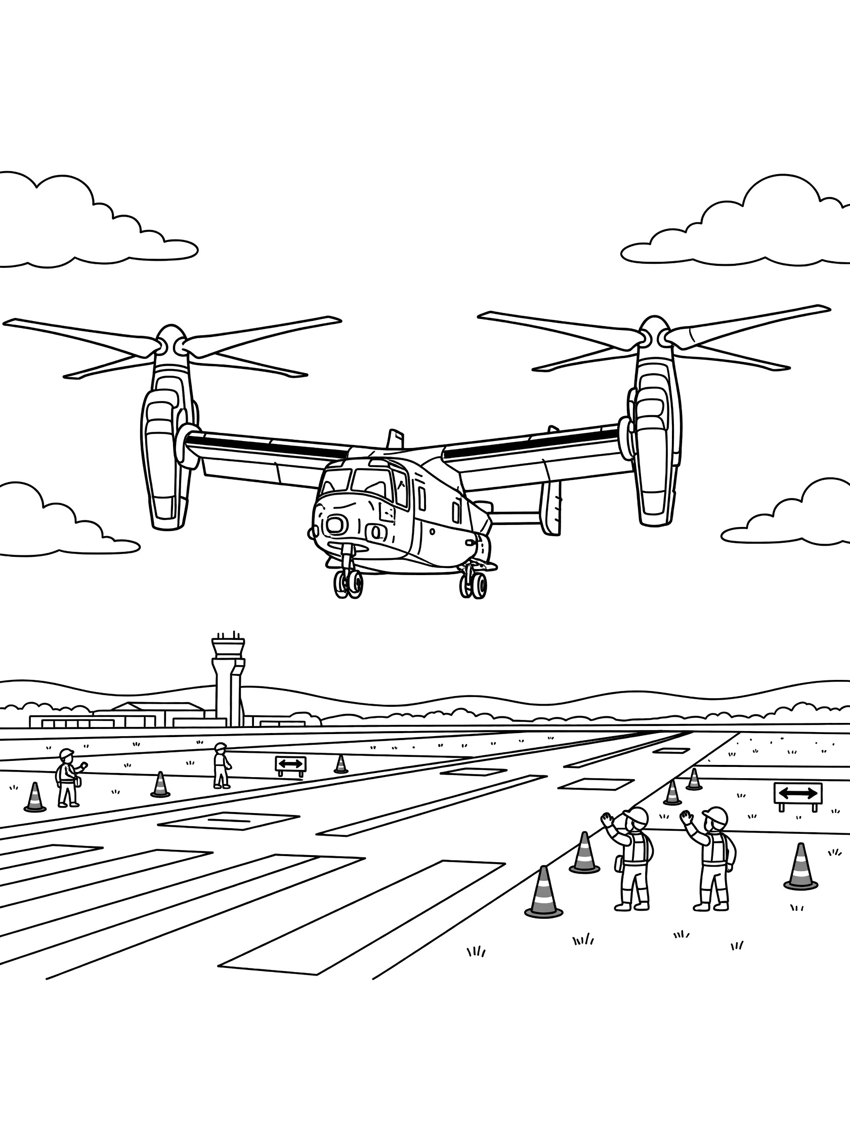 Line art coloring page showing V-22 Osprey tiltrotor in vertical takeoff mode with upward tilted rotors, over airfield runway with waving ground crew, orange cones, runway stripes, control tower, clouds and hills.