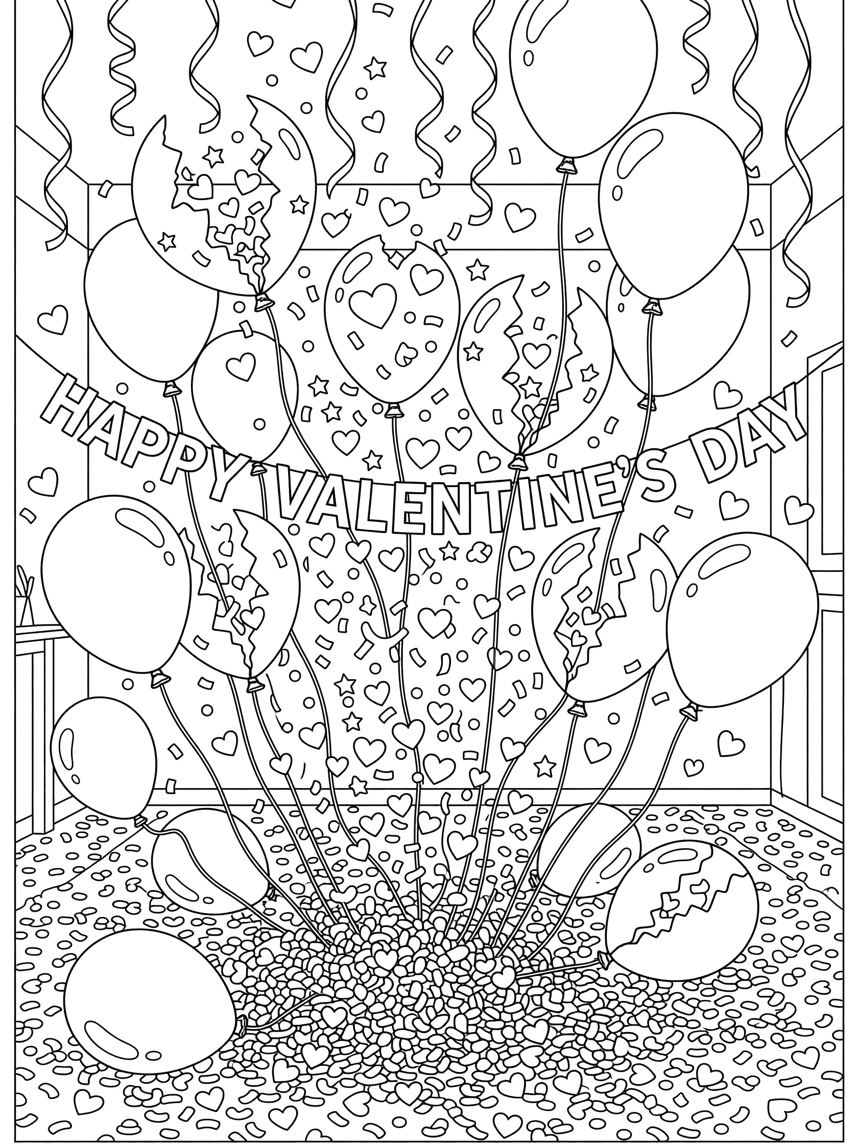 Printable coloring page showing balloons bursting with confetti and hearts during a Valentine's celebration, with hanging streamers and a Happy Valentine's Day banner.