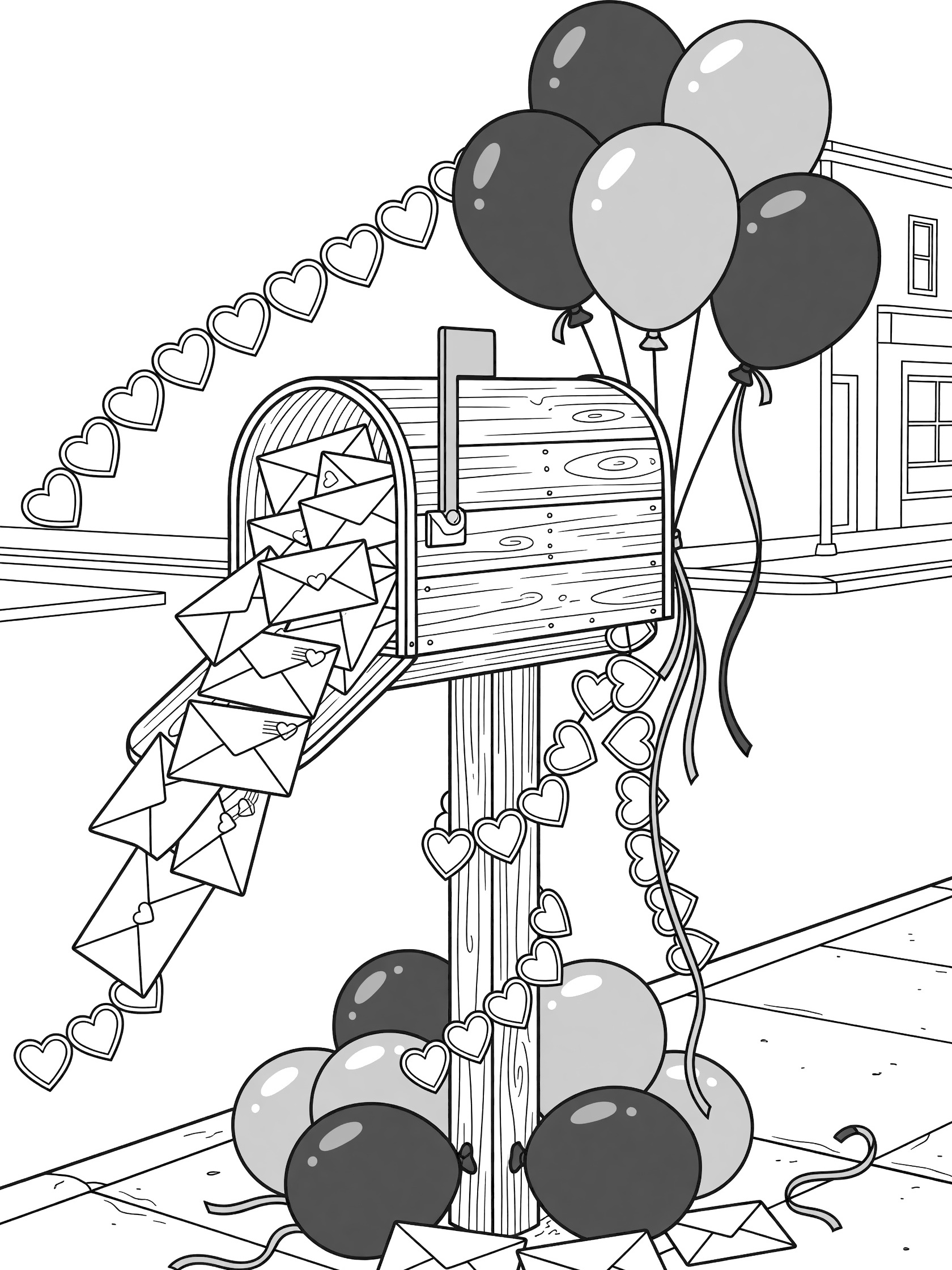 Black and white line art coloring page showing balloons tied to a Valentine's Day mailbox full of envelopes with heart garlands on a street corner