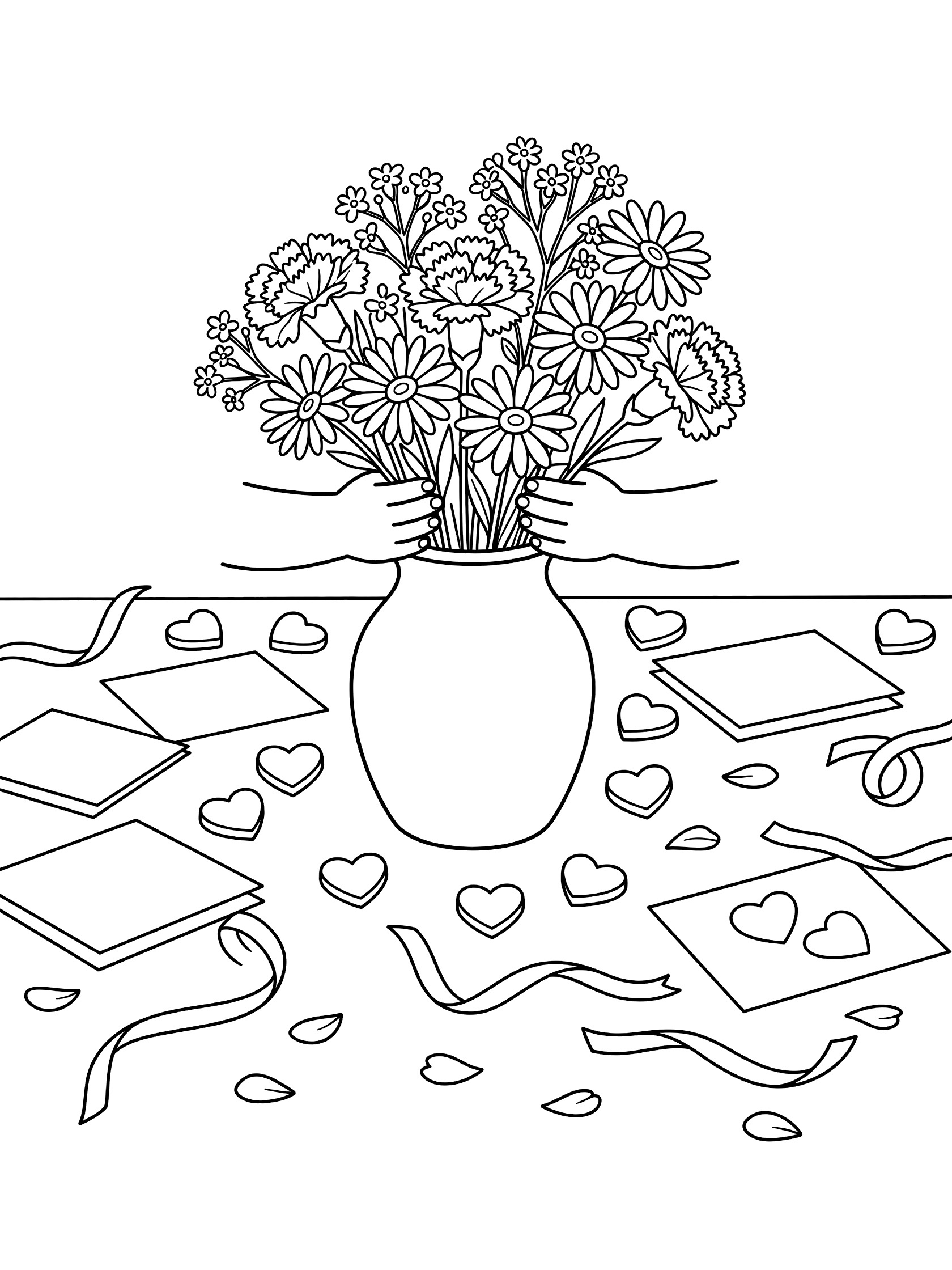 Black and white line art of children's hands placing a bouquet of daisies and filler flowers into a vase on a table scattered with Valentine's hearts, cards, ribbons, and petals.