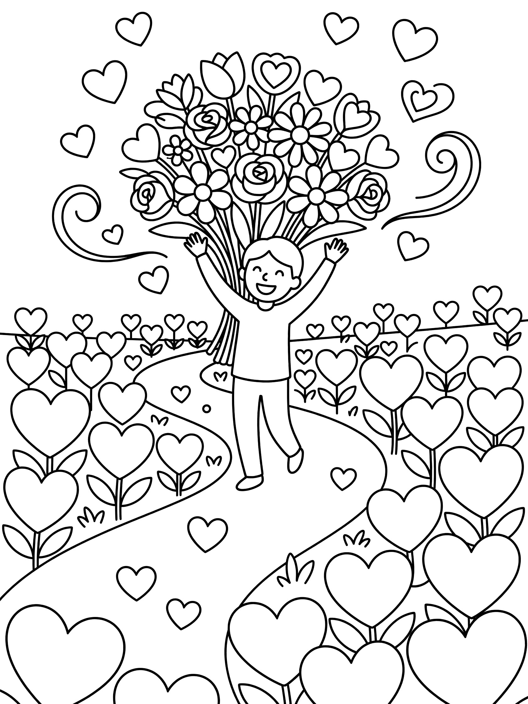 Black and white line art of a happy person holding a large bouquet of Valentine's flowers high overhead on a path of blooming heart flowers with floating love hearts.