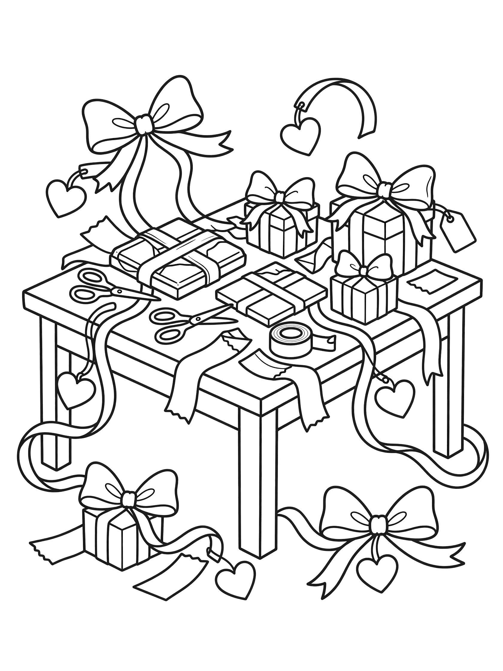 Black and white line art coloring page showing chocolate bars and truffle boxes tied with flowing red ribbons, big bows, heart tags, scissors, tape and scraps on a Valentine's Day wrapping table
