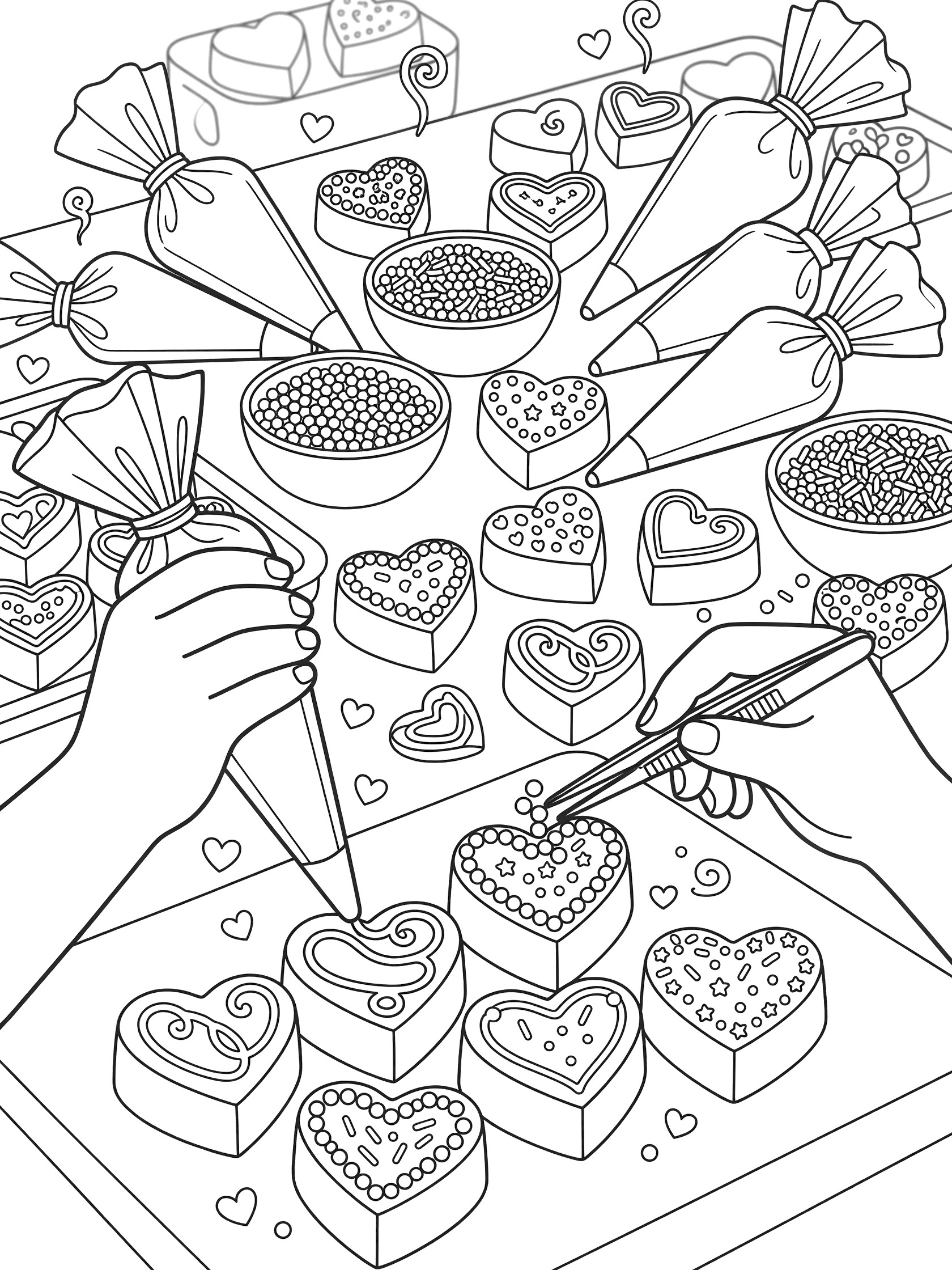 Line art coloring page showing hands decorating heart chocolates with colorful sprinkles, beads, and icing drizzles on a workstation for Valentine's Day