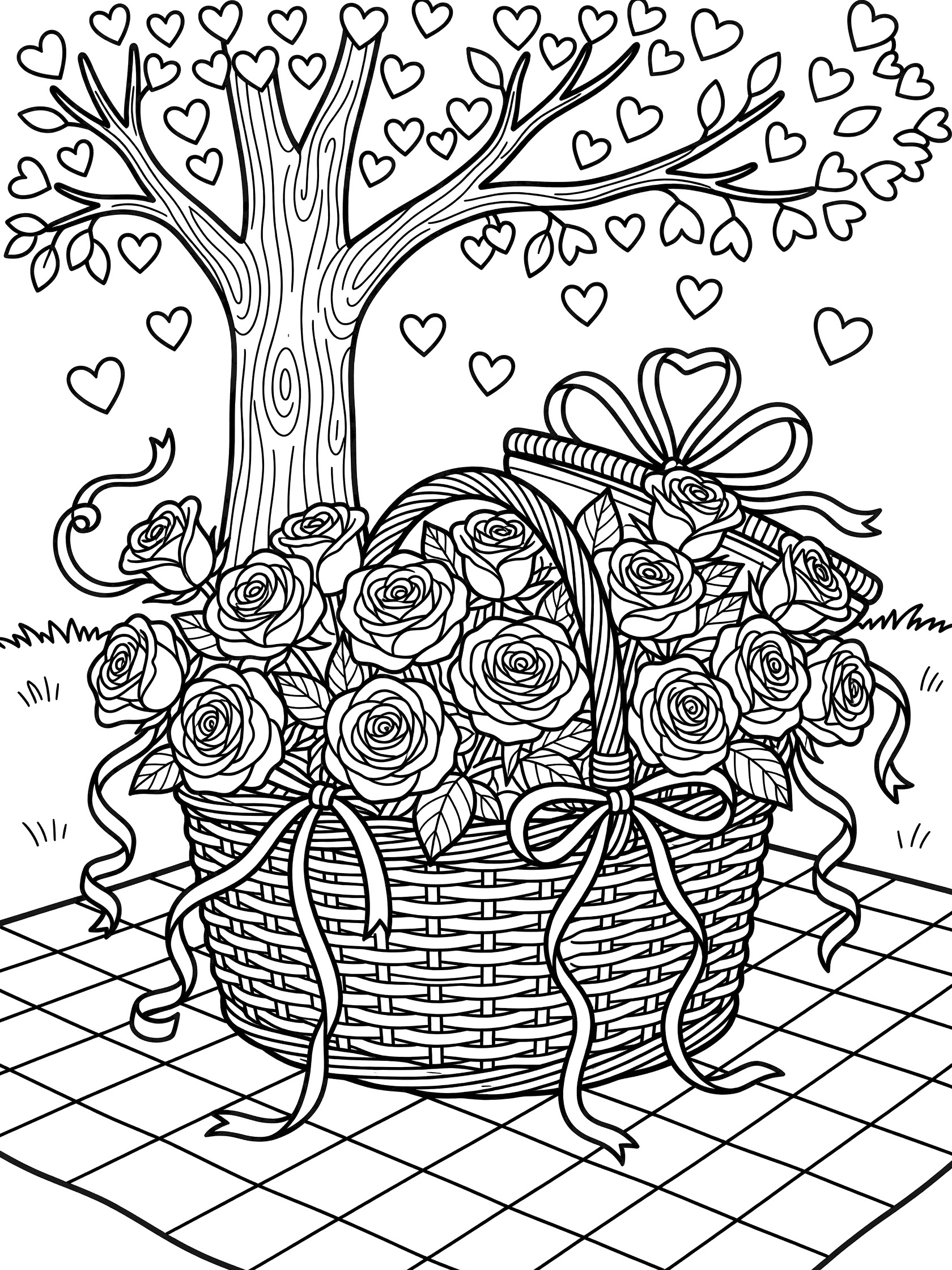 Black and white line art coloring page showing roses overflowing from a picnic basket with ribbons, on a checkered blanket under a tree with floating hearts for Valentine's Day