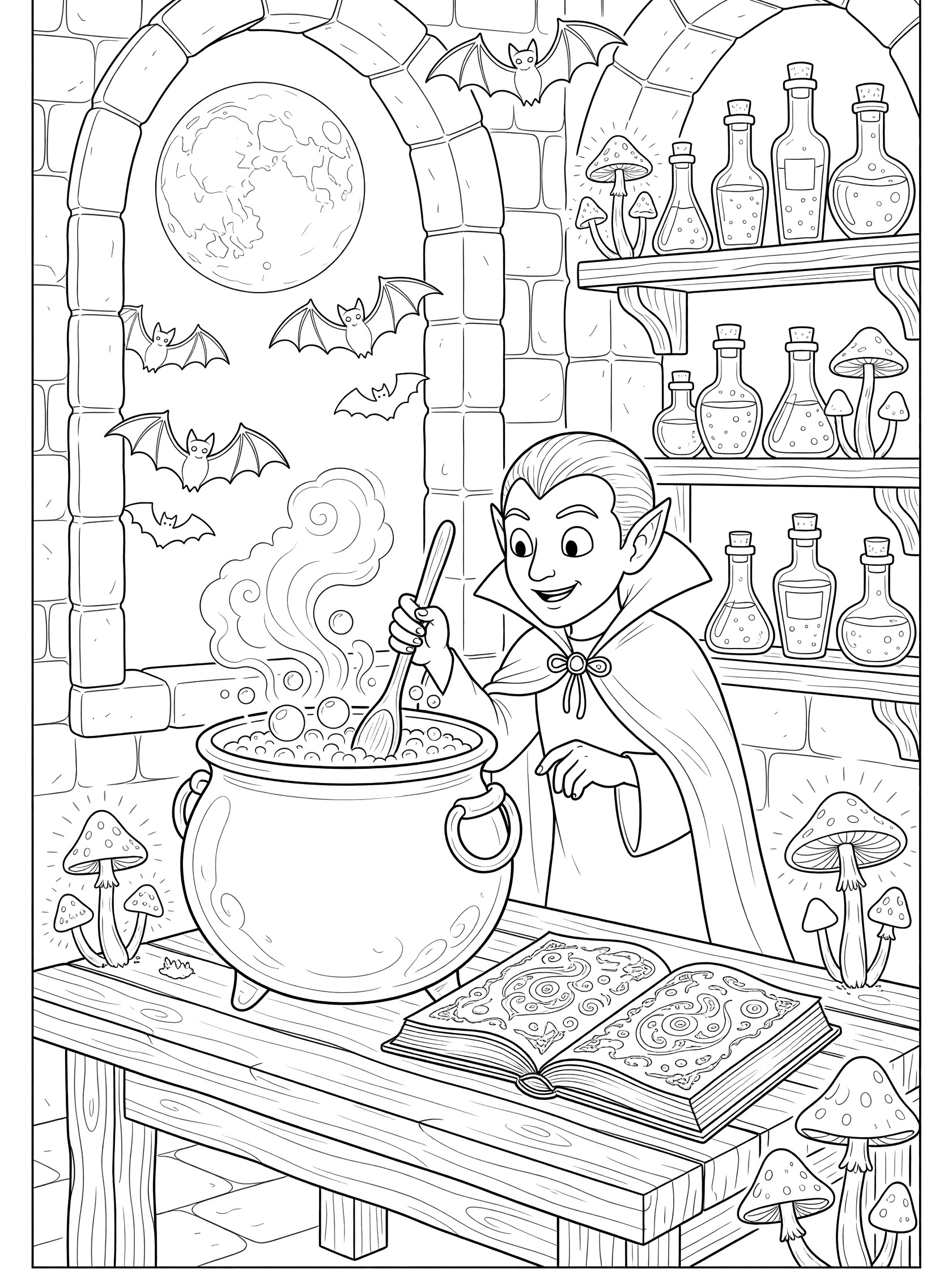 Black and white line art coloring page showing a smiling vampire in a cape stirring a potion in a cauldron on a wooden table inside a stone castle tower with arched window, full moon, bats, glowing mushrooms, potion bottles on shelves, and open spellbook.