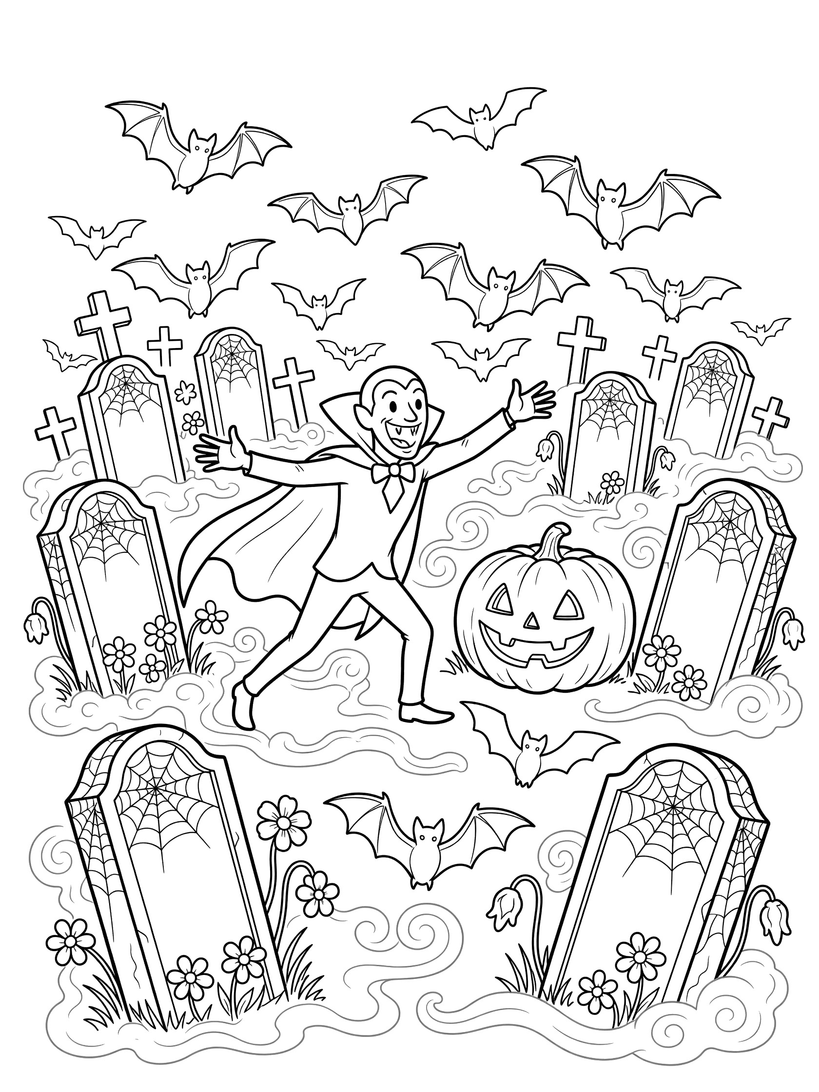 Printable coloring page showing a smiling vampire playfully chasing a flock of bats around crooked tombstones in a foggy graveyard with a big pumpkin lantern.