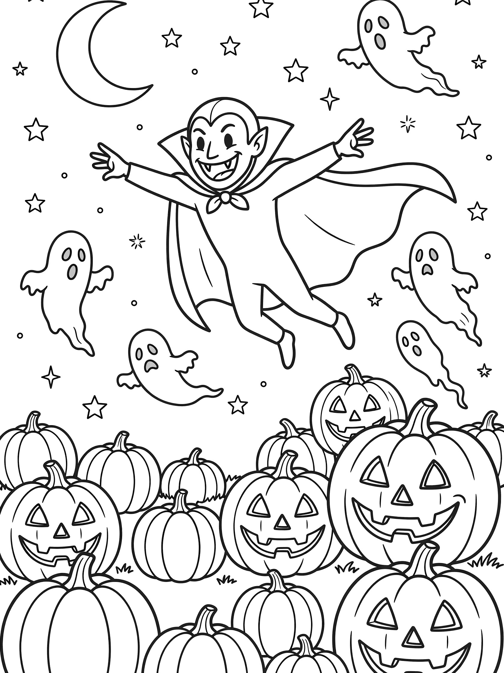 Black and white coloring page of a smiling vampire soaring above pumpkins and ghosts under a crescent moon and stars