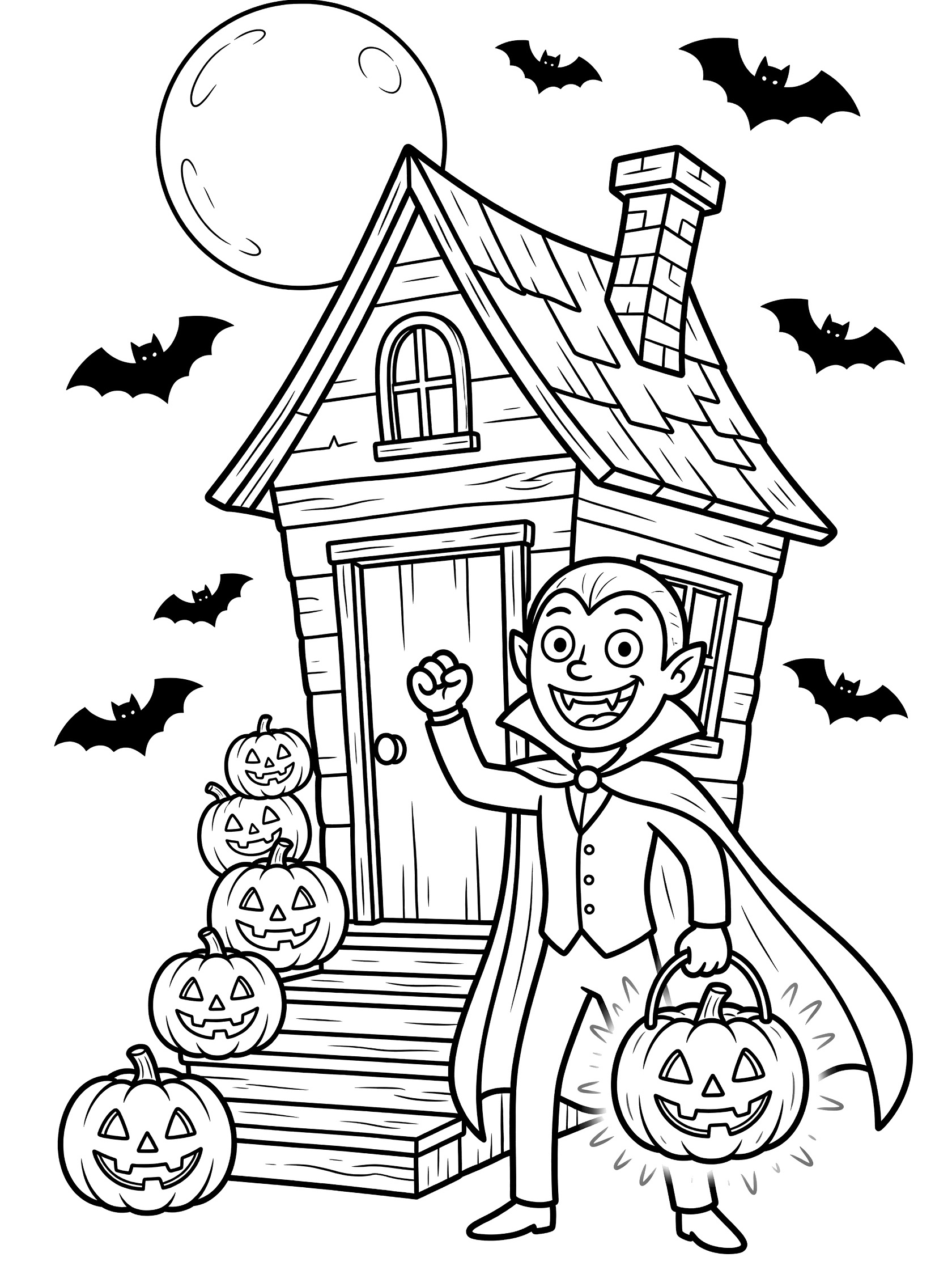 Cheerful vampire in cape holding glowing pumpkin bucket, knocking on haunted house door with jack-o-lanterns, bats, and full moon - Halloween coloring page