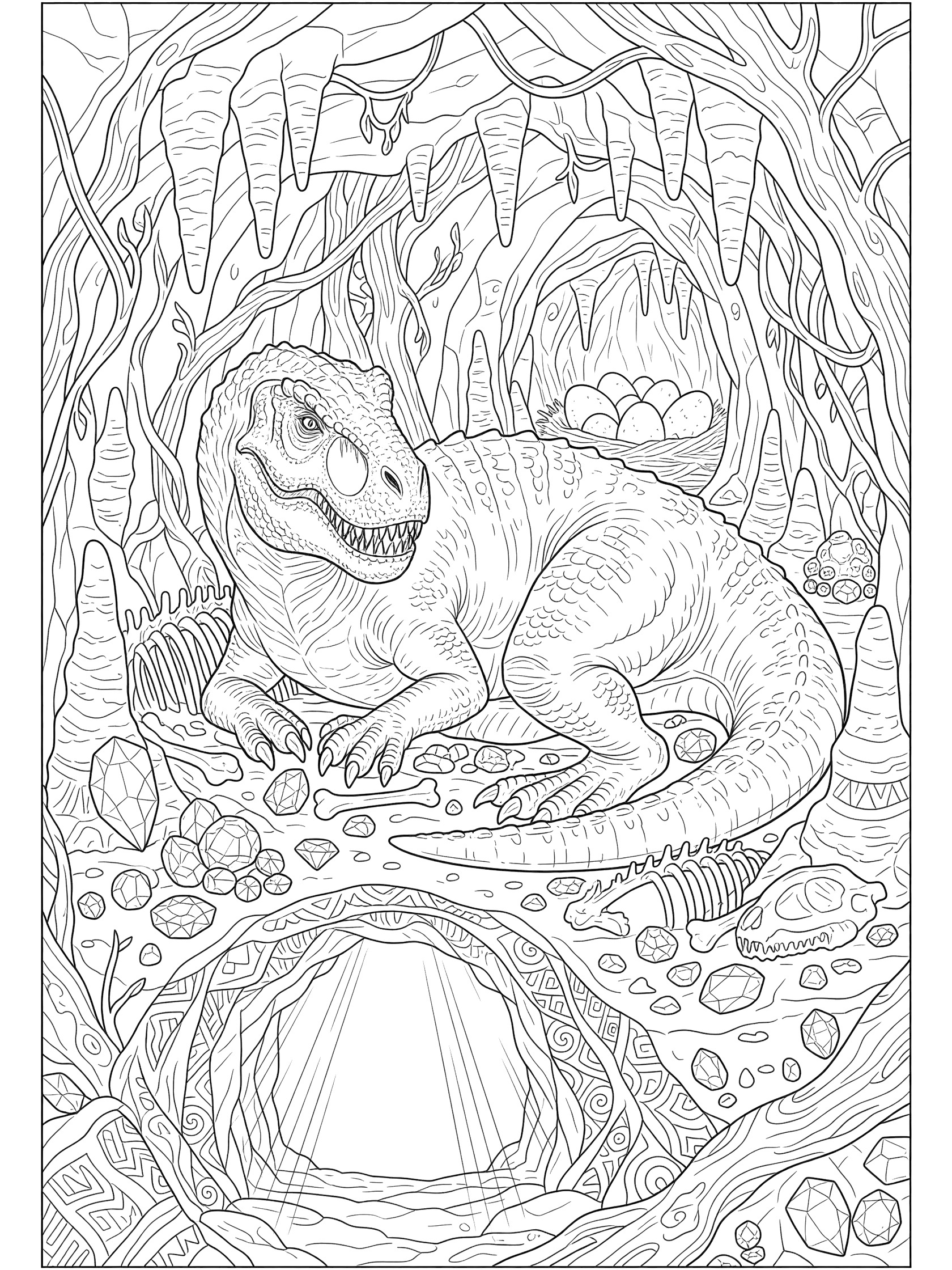 Black and white line art of a Vastatosaurus Rex curled in a cave protecting eggs, surrounded by stalactites, bones, gems, vines, and moonlight beams.