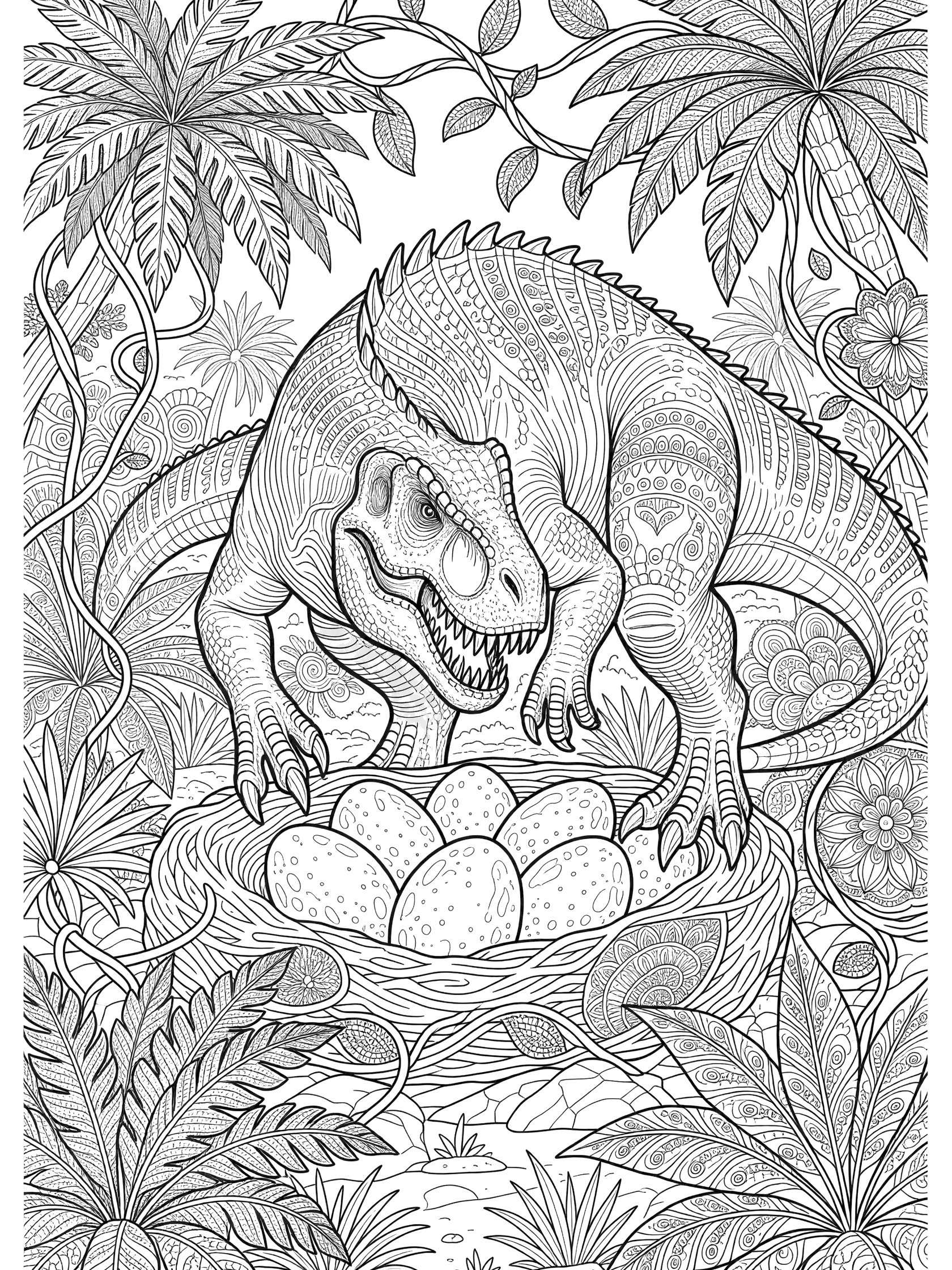 Black-and-white coloring page of a Vastatosaurus Rex dinosaur guarding a nest of speckled eggs amid jungle ferns, vines, and rocks with intricate scale and foliage patterns.