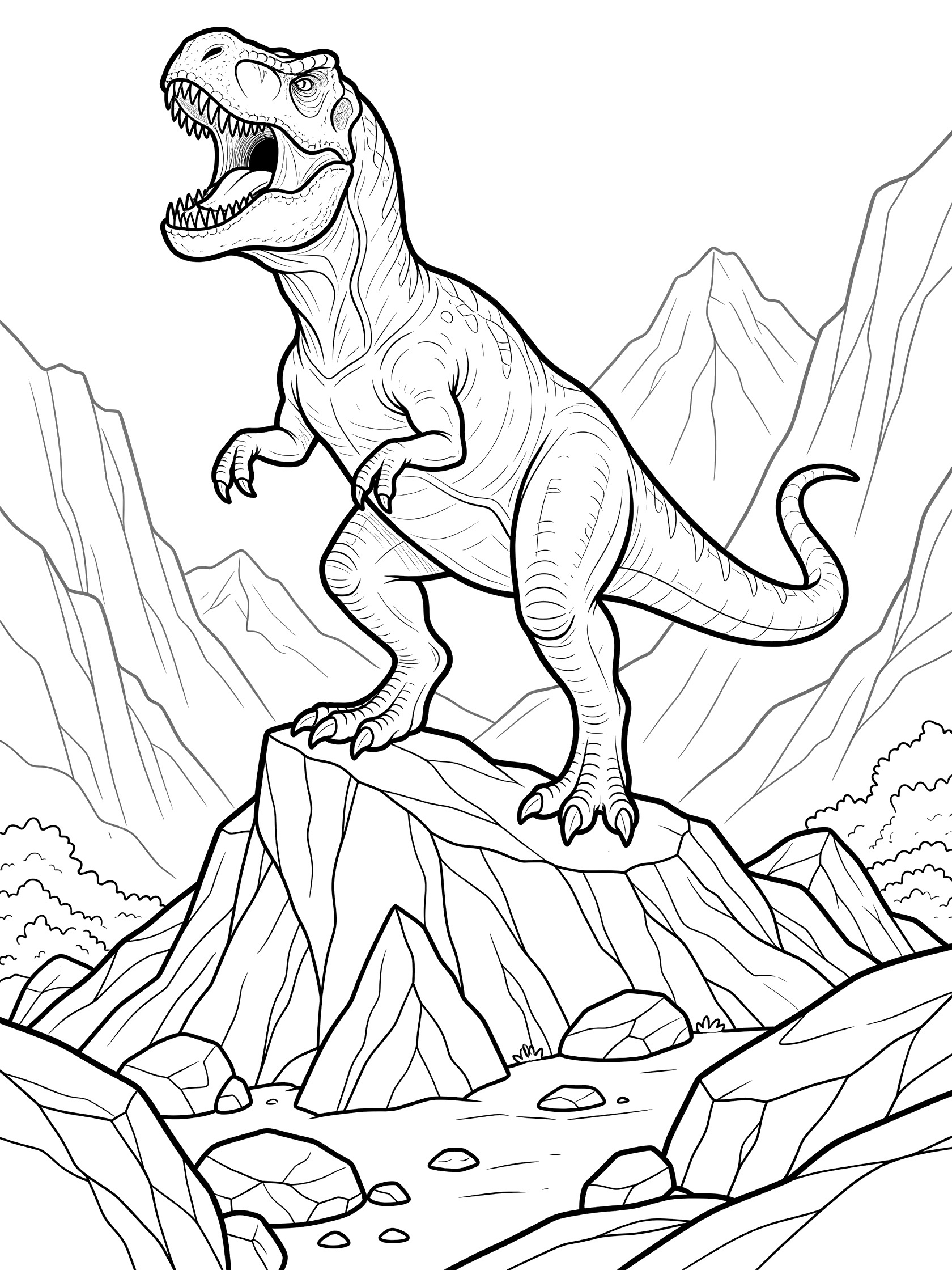 Black-and-white coloring page of a Vastatosaurus Rex dinosaur standing on a mountain top with mouth open in a roar, surrounded by rocks and peaks.