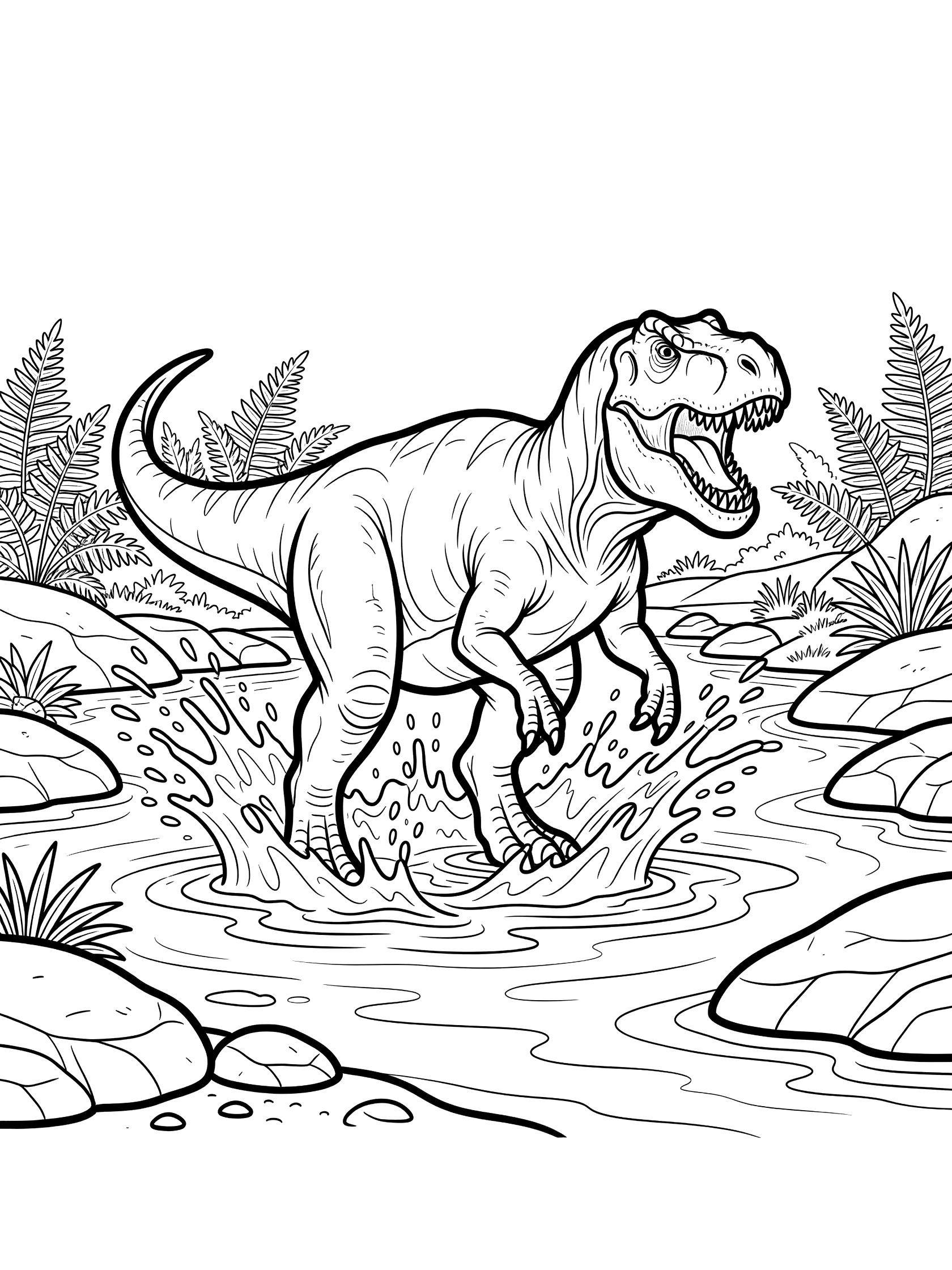 Black and white line art coloring page showing a Vastatosaurus Rex dinosaur standing in a river, splashing water with its legs and open mouth amid rocks and ferns.