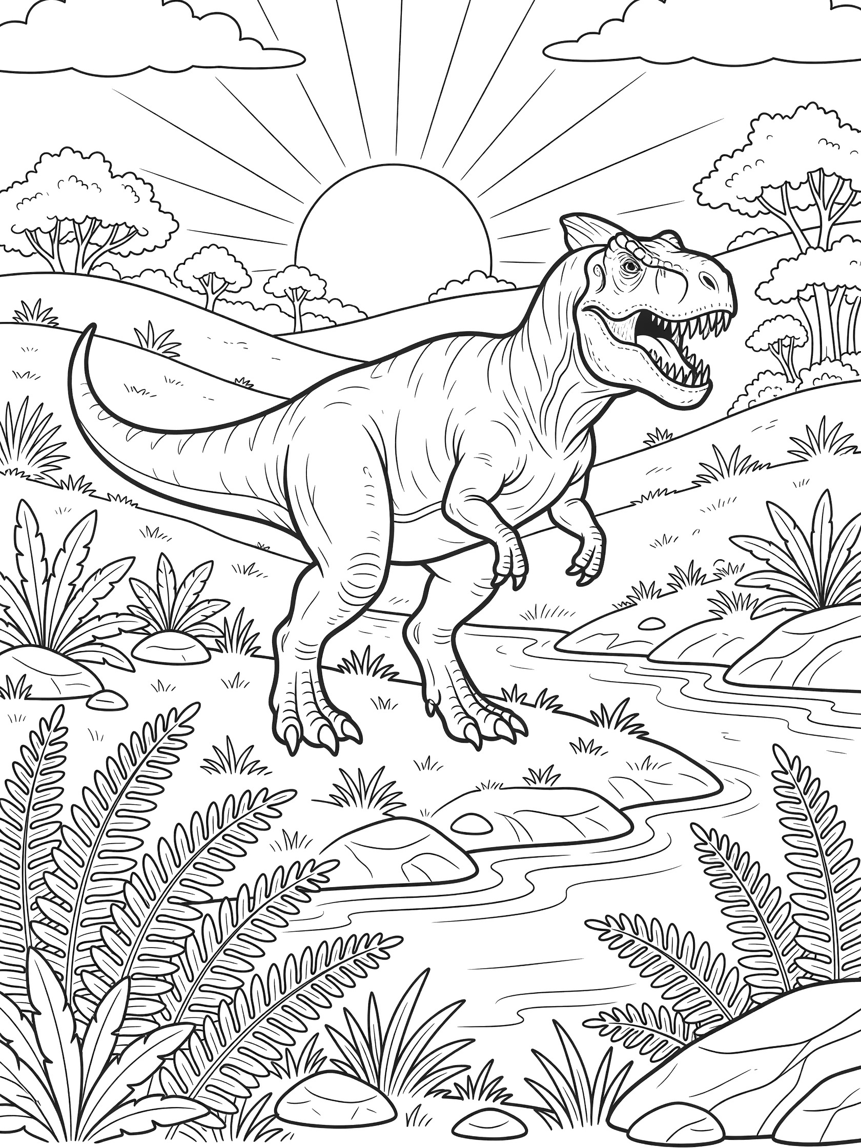 Black and white line art coloring page of a Vastatosaurus Rex dinosaur strolling by a river with ferns, rocks, grassy hills, setting sun, clouds, and distant trees.