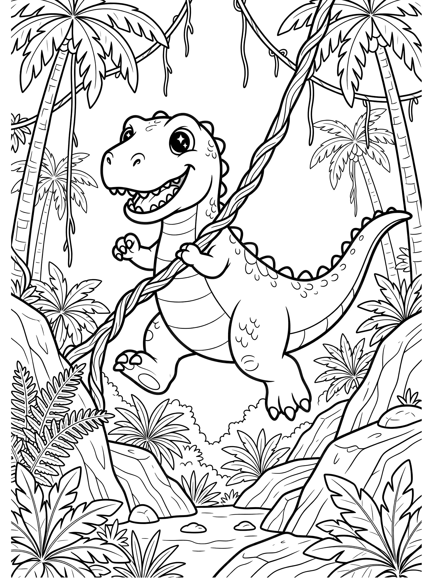 Black and white coloring page of a cute cartoon Vastatosaurus Rex dinosaur swinging on a thick vine through a prehistoric jungle with tall palms, ferns, and rocks.