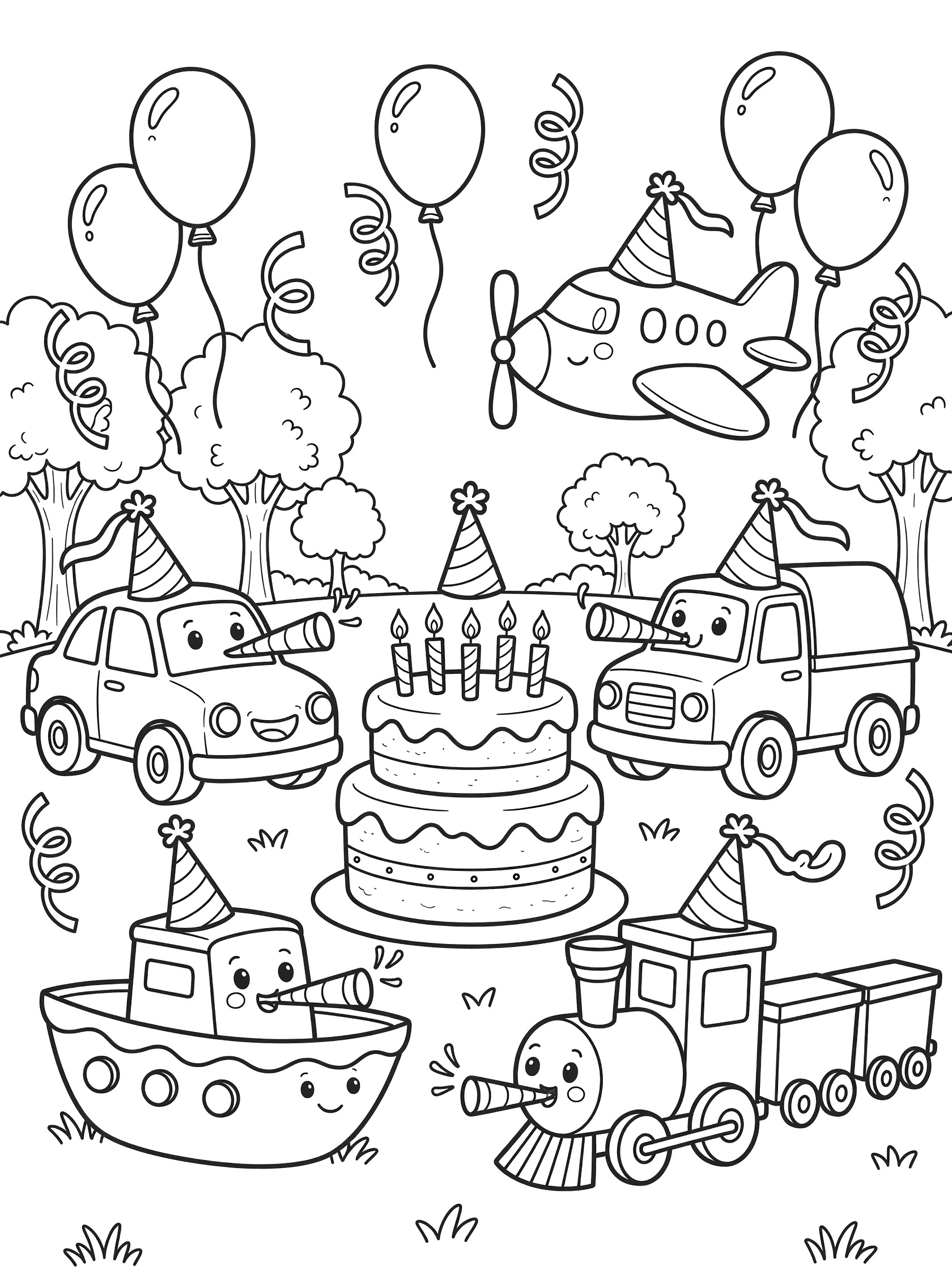 Whimsical 5th birthday coloring page with car, truck, airplane, boat, and train celebrating around a big cake with five candles, party hats, horns, balloons, and backyard trees.