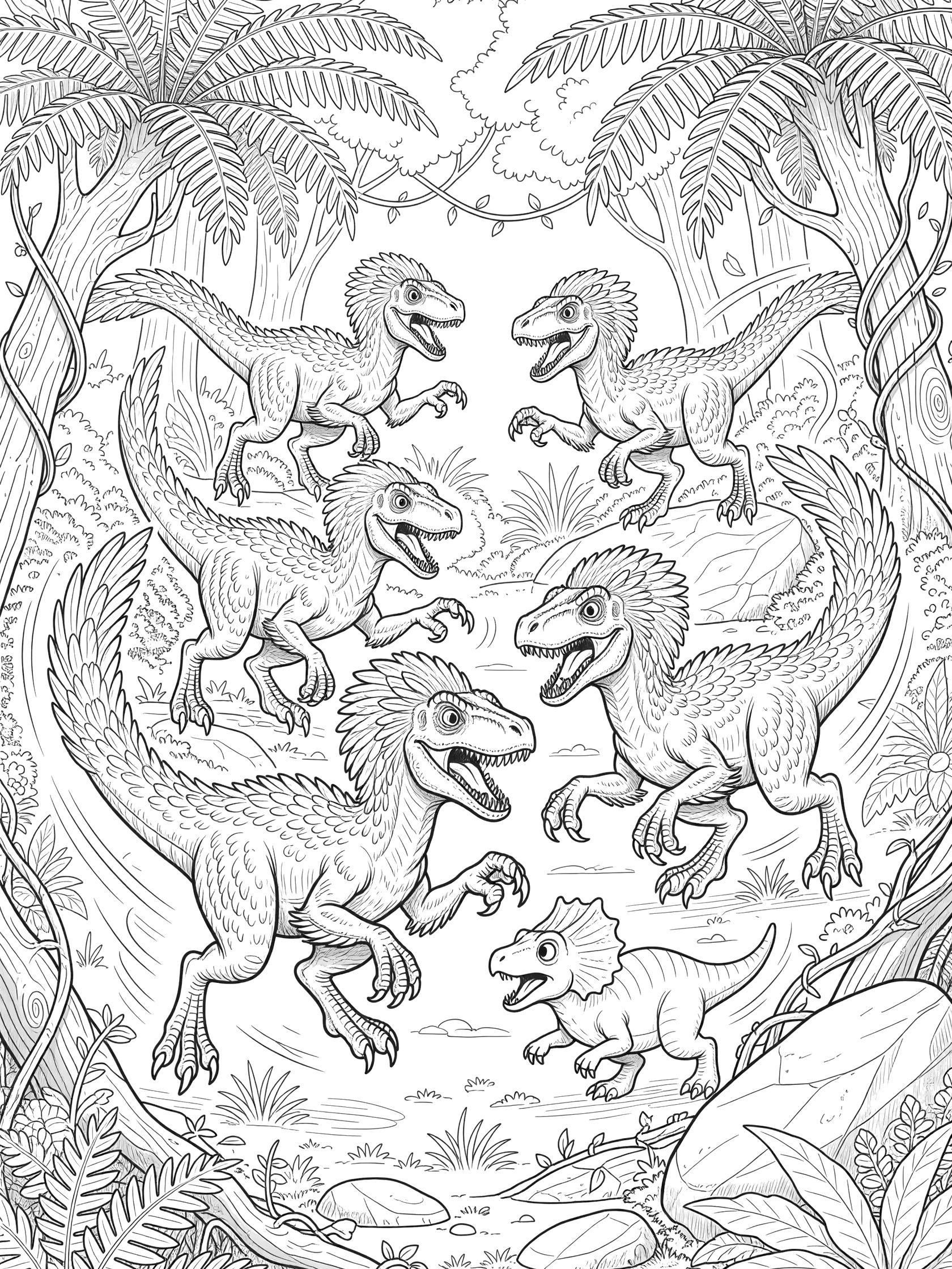 Black and white coloring page of five Velociraptors with feathers chasing a small dinosaur in a prehistoric forest full of plants and rocks.