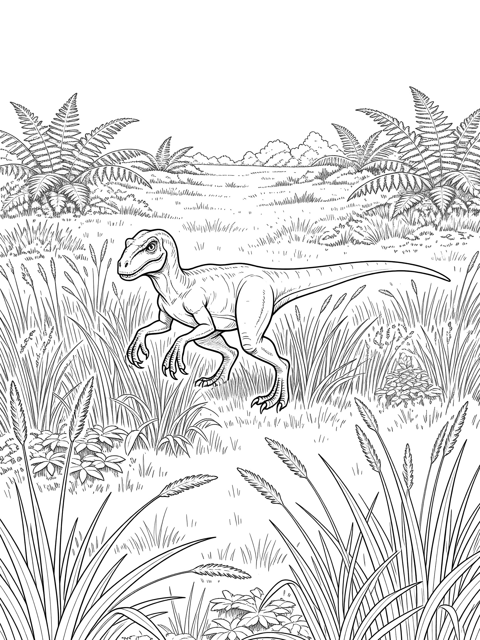 Black and white line art of a Velociraptor crouched and stalking through thick grass blades with tail out and claws forward, ferns in the background.