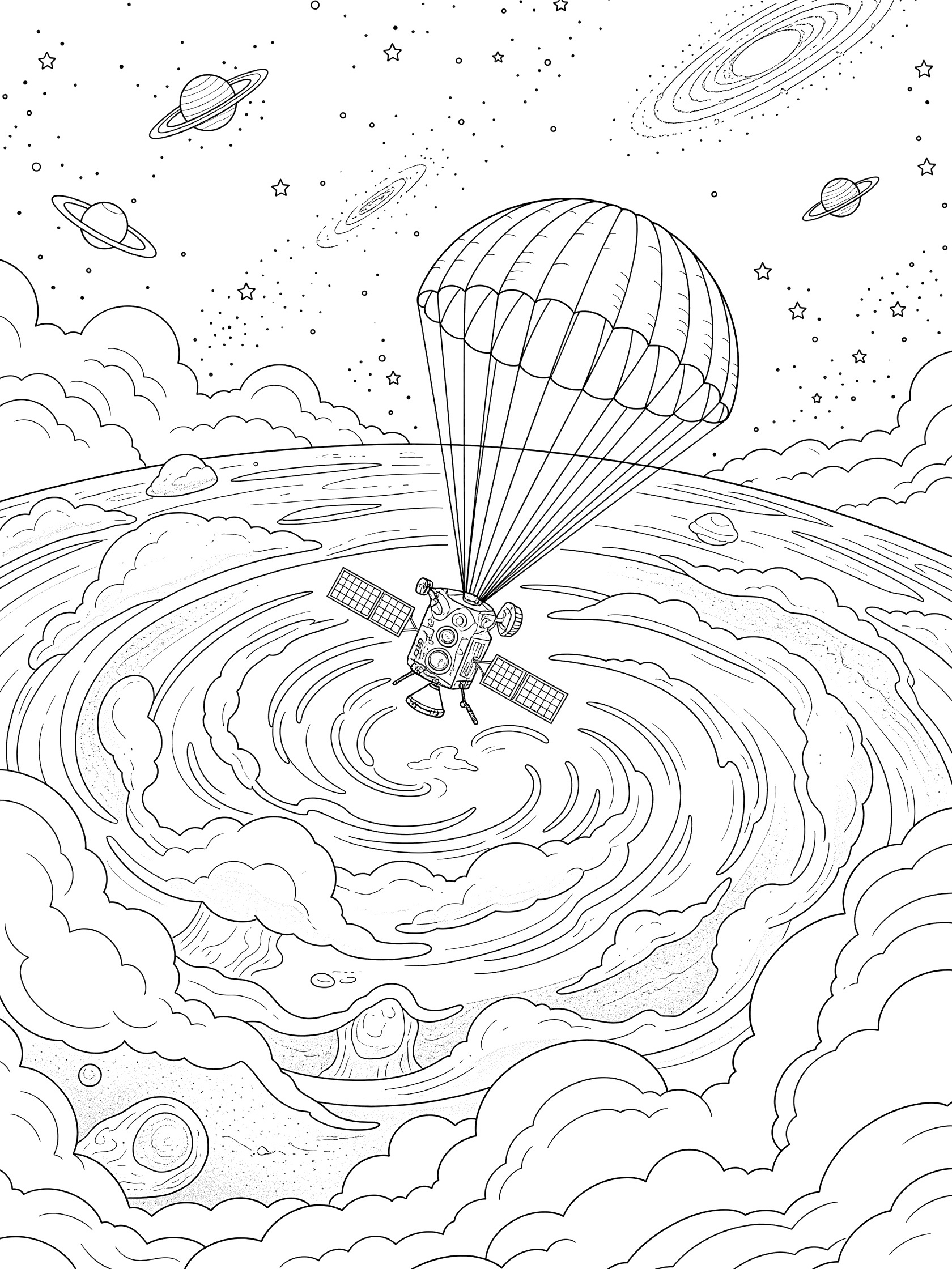 Black and white line art of a space probe on a parachute dropping into Venus thick layered clouds with galaxy stars and planets in the background