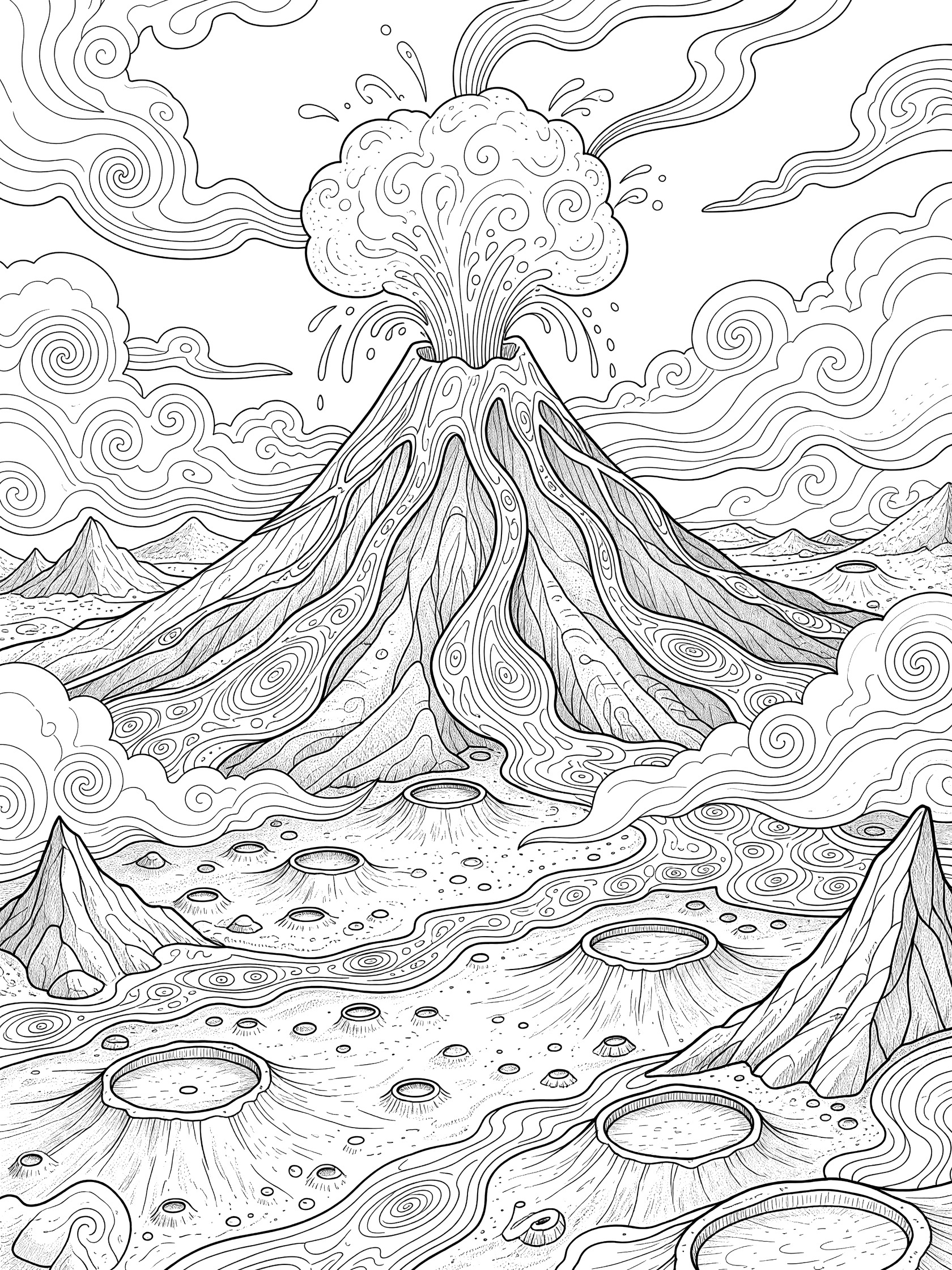 Black-and-white coloring page showing a volcano bursting with lava on Venus's rocky surface with craters, rocks, and cloud swirls.