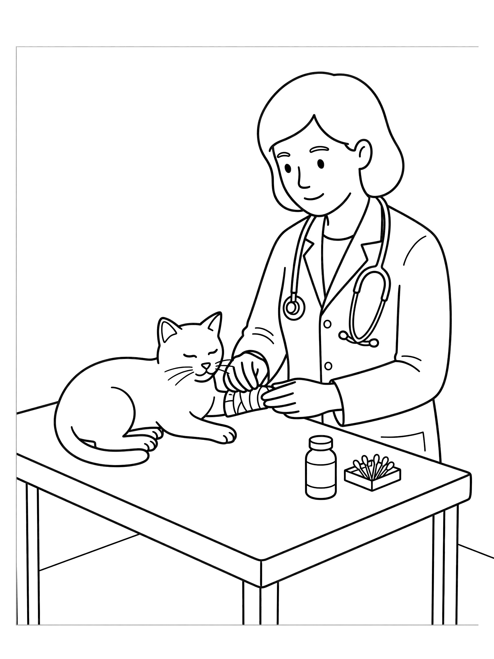 Black and white line art of a veterinarian with stethoscope bandaging a calm cat's leg on exam table with medicine bottle and cotton swabs.