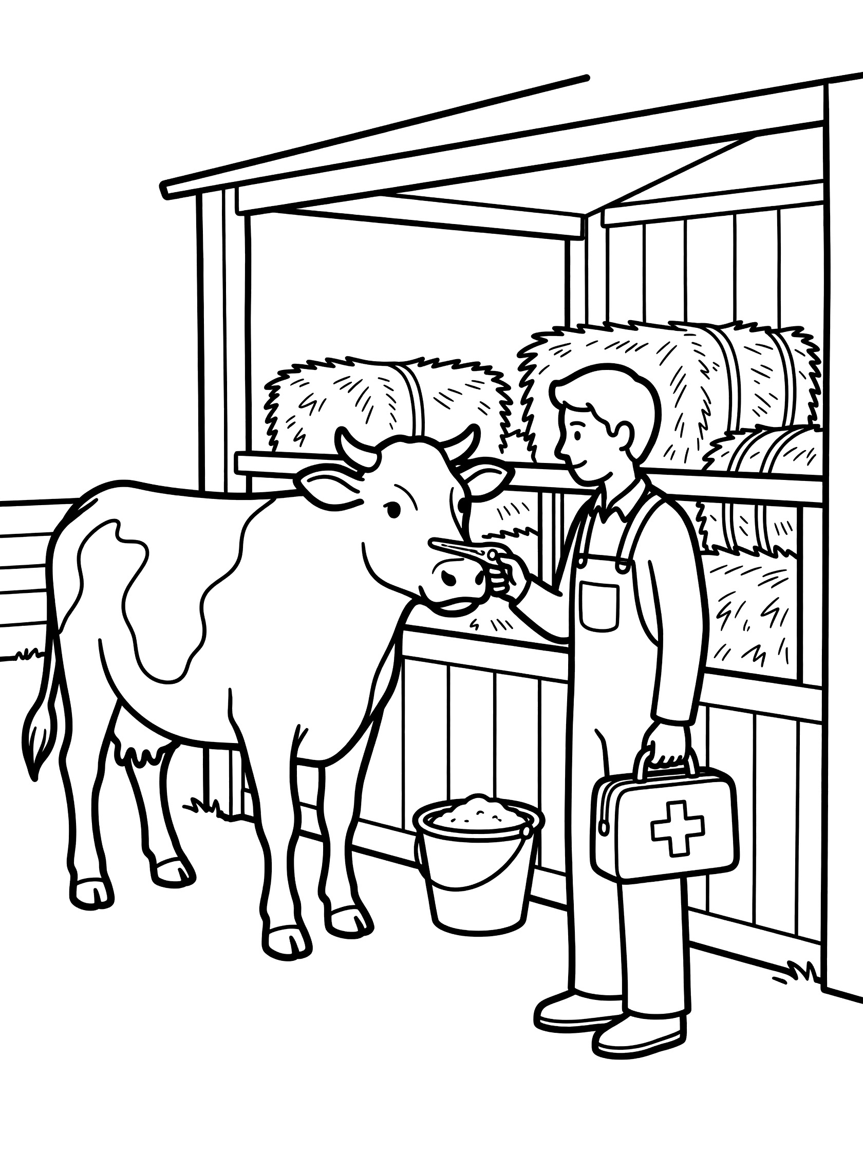 Line art coloring page showing a veterinarian holding a medical bag next to a cow in a farm barn stall with hay bales and feed bucket.