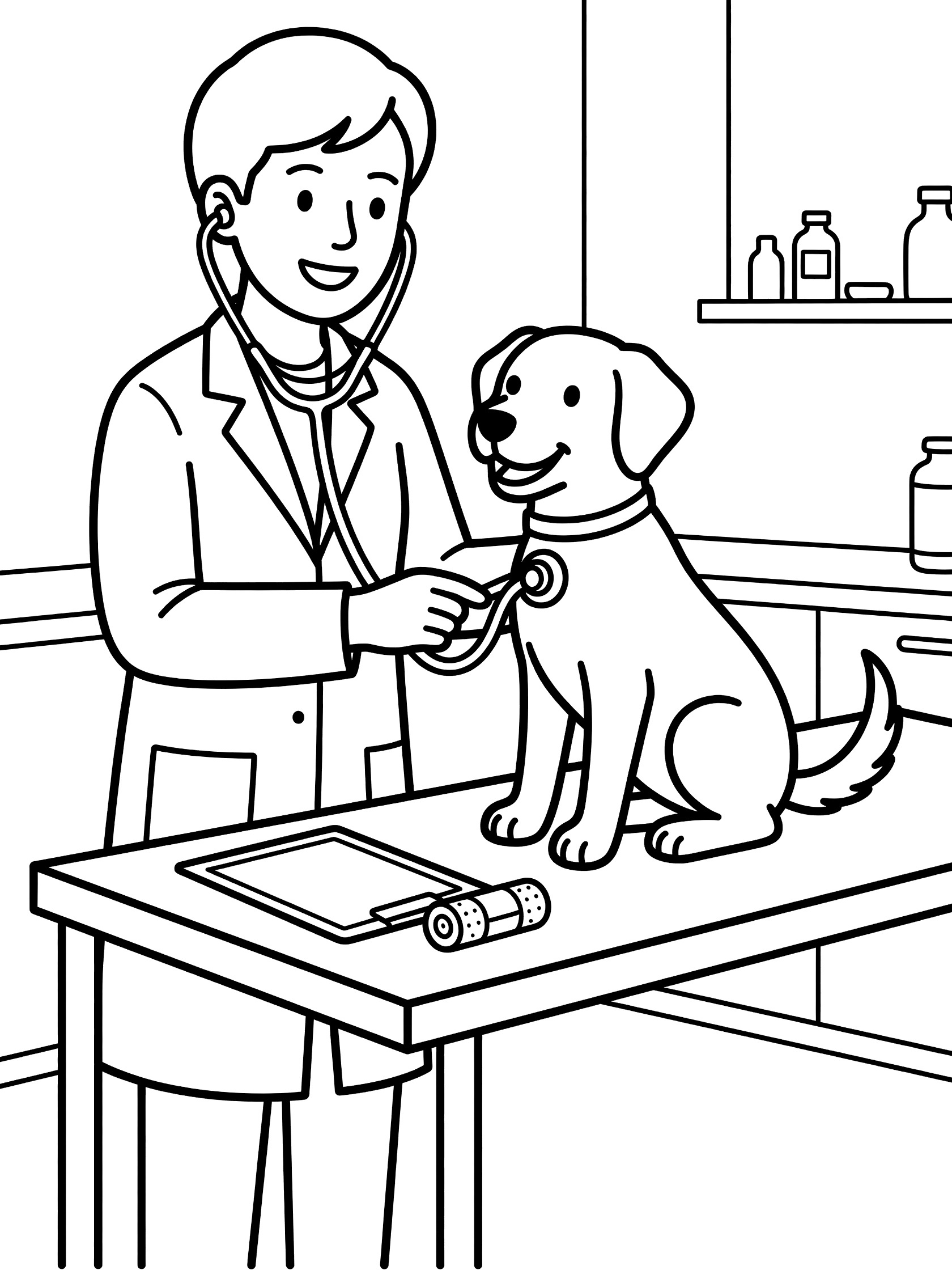 Line art coloring page showing a veterinarian in a white coat listening to a sitting dog's heartbeat with a stethoscope on the exam table. Dog has a happy face and wagging tail, with nearby clipboard and bandage.