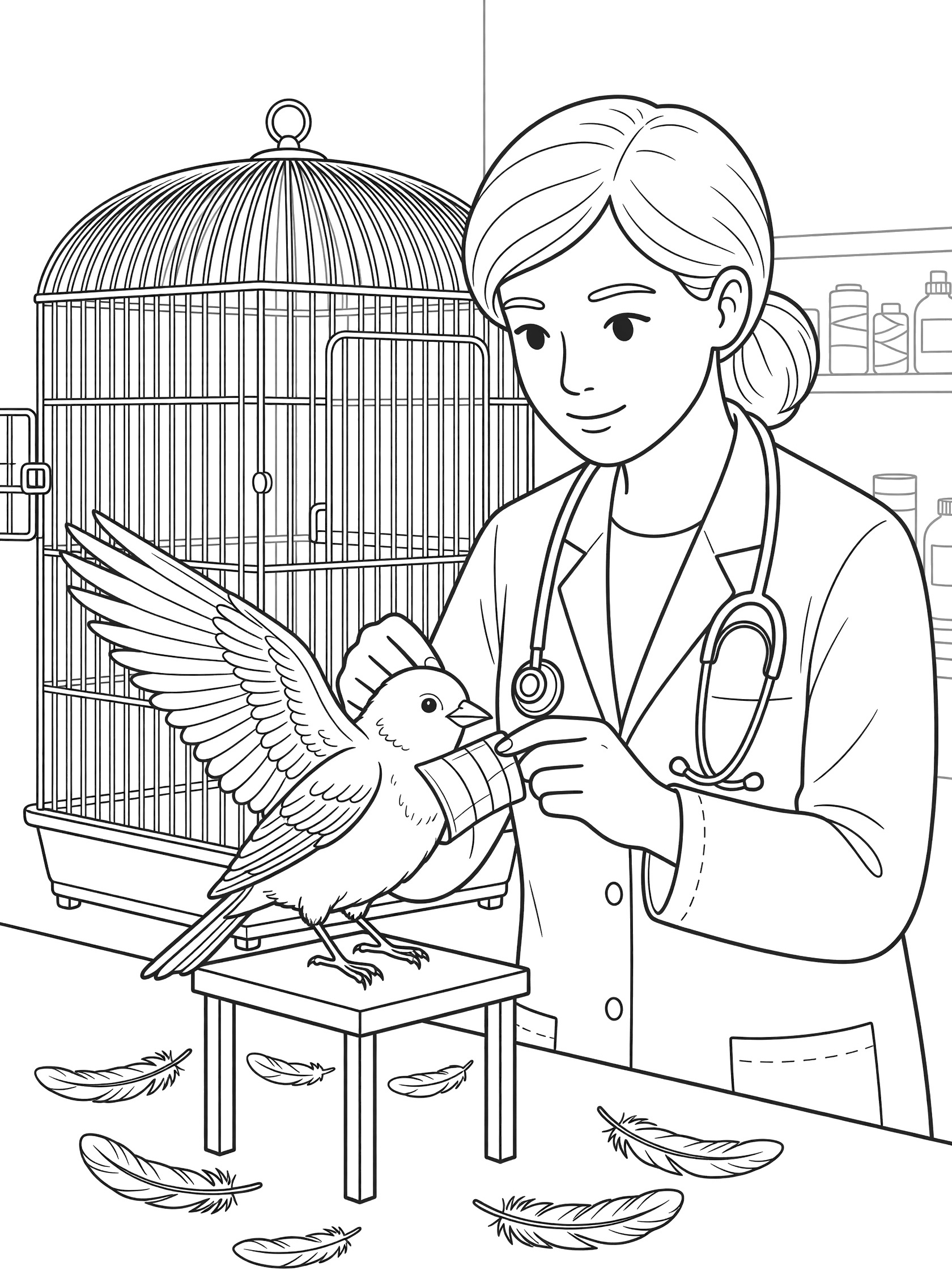 Black and white line art of a veterinarian in a white coat carefully splinting a small bird's wing on a stand next to a birdcage with feathers on the table.
