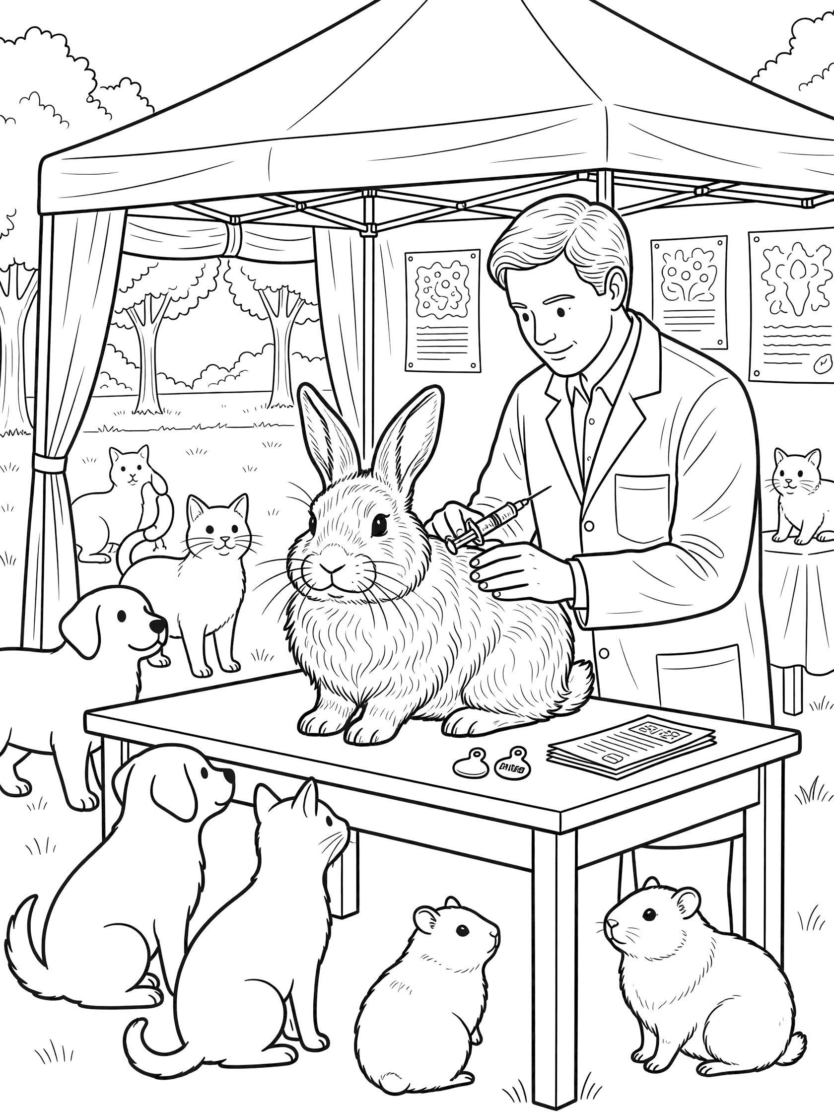 Line art coloring page showing a veterinarian in a white coat holding a fluffy rabbit on a table and giving it a vaccine with a syringe, surrounded by cats, dogs, hamsters, and a tent with posters