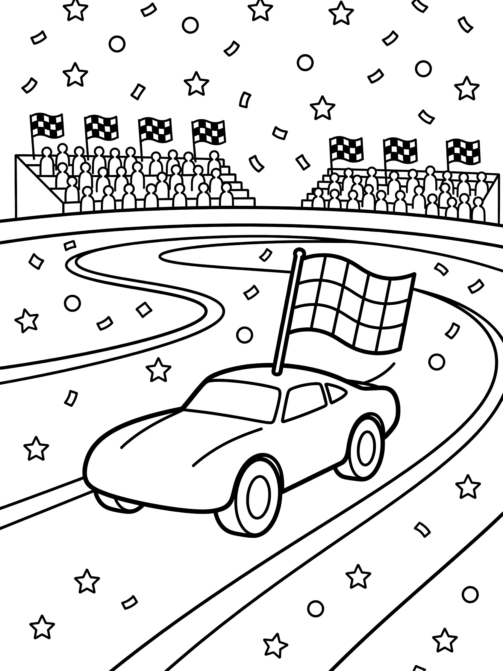 Black and white line art of a race car on victory lap at speedway, pulling checkered flag from roof, fans in stands waving flags, confetti patterns floating.