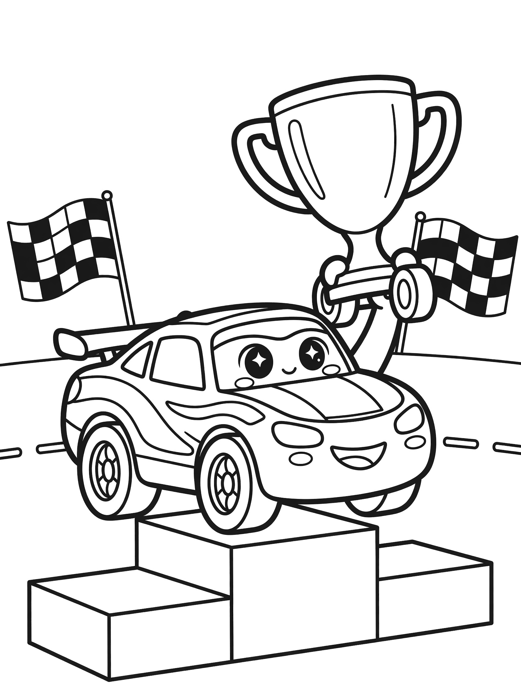 Kawaii stock car with big eyes and smile victoriously lifting giant trophy on podium with checkered flags and finish line coloring page