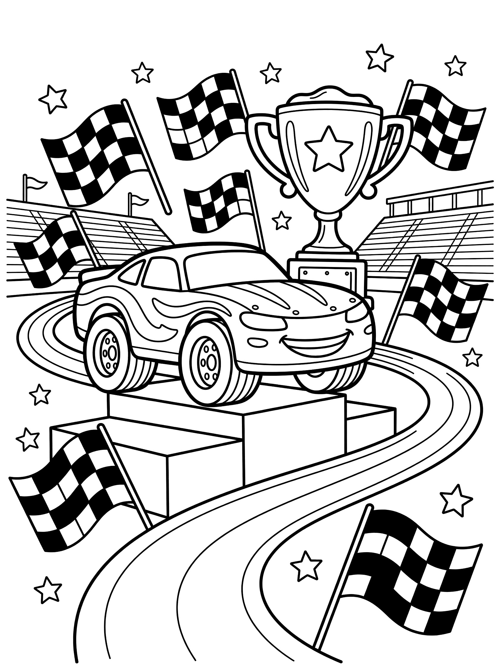 Black and white line art of a smiling stock car on a podium next to a tall trophy, surrounded by checkered flags, track lines, grandstands, and victory stars.