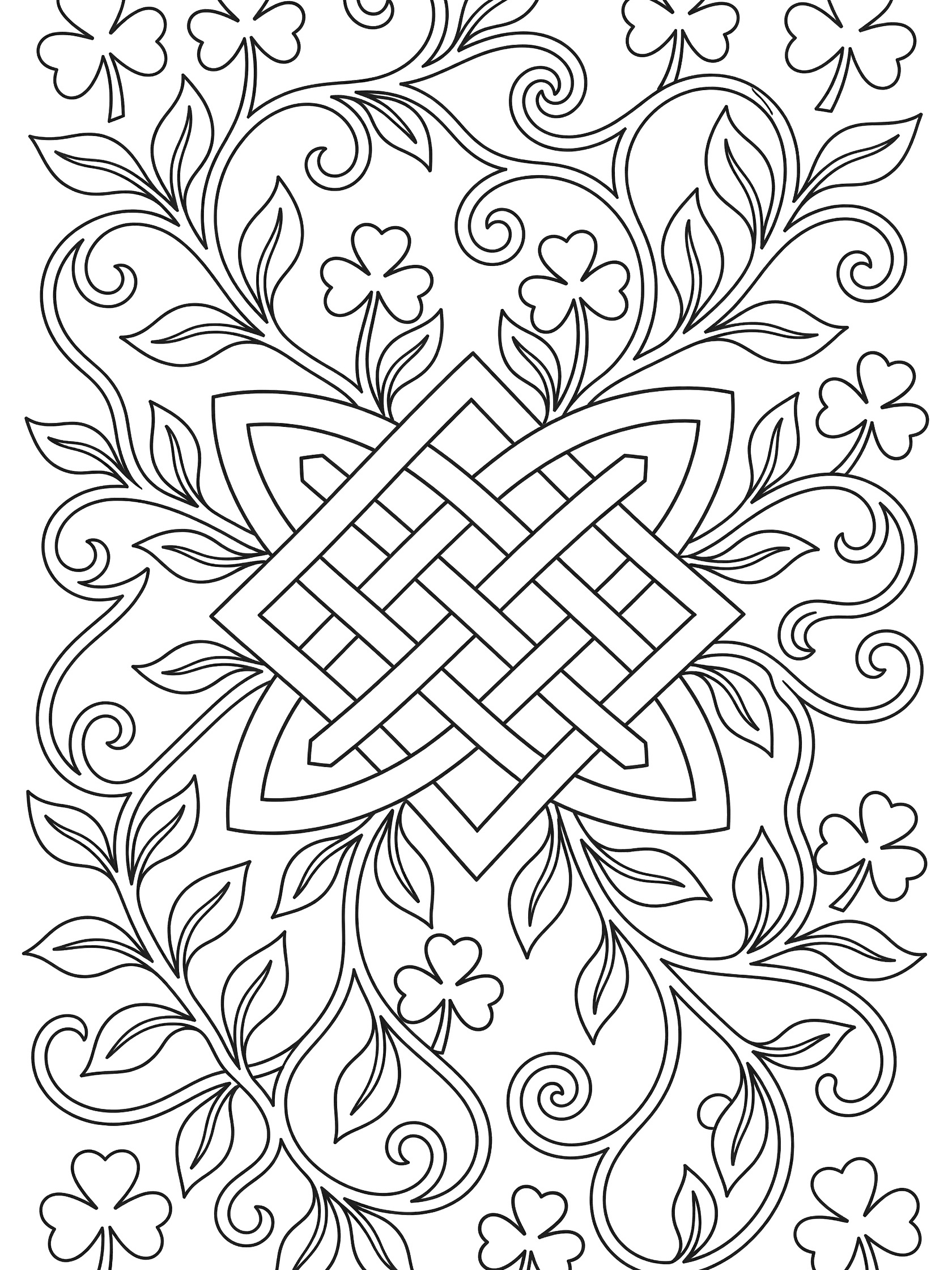 Black and white coloring page of a symmetrical Celtic knot made from intertwining vines with leaves and shamrock clovers for St. Patrick's Day.