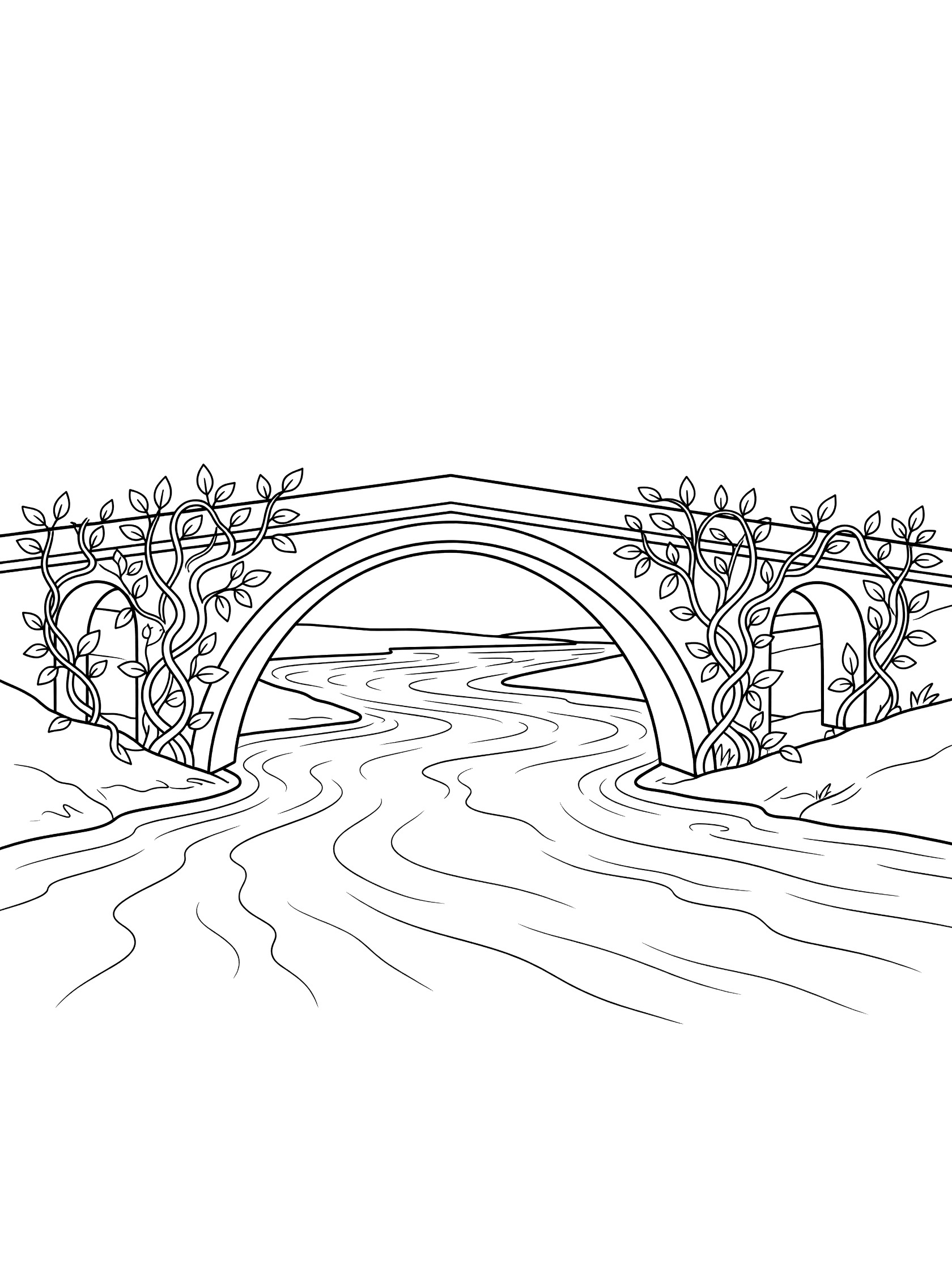 Black and white coloring page of an arched stone bridge with vines on sides over a wide winding river. Euphrates River themed black and white printable line art