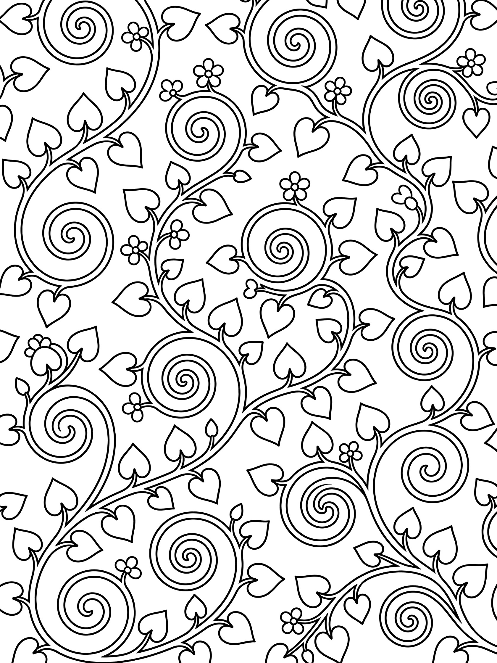 Printable coloring page of swirling vine patterns with heart-shaped leaves and small flowers in black ink lines on white background
