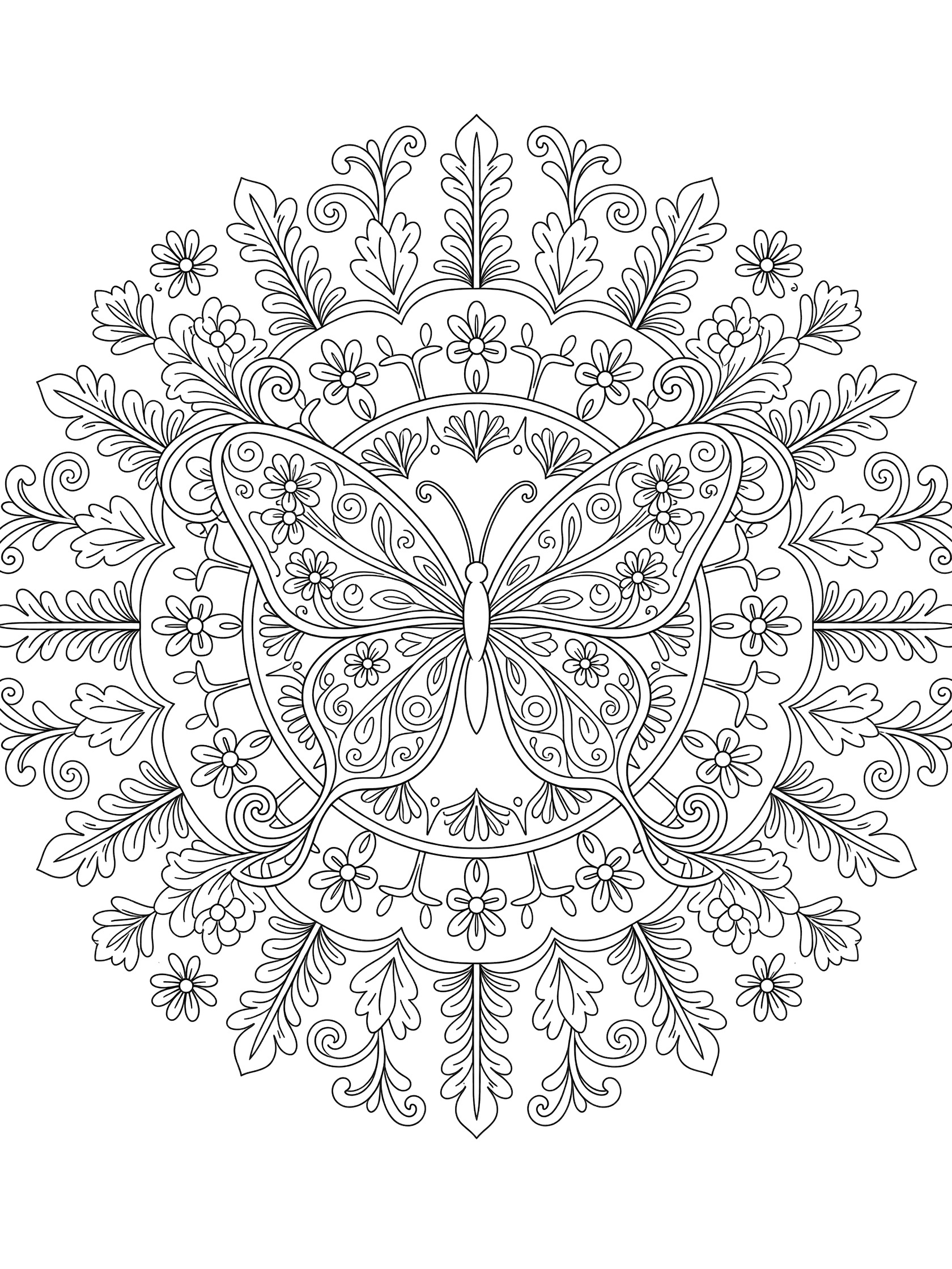 Black and white line art of a symmetrical butterfly mandala with vine-wrapped wings, flowers, leaves, and curling patterns for coloring.