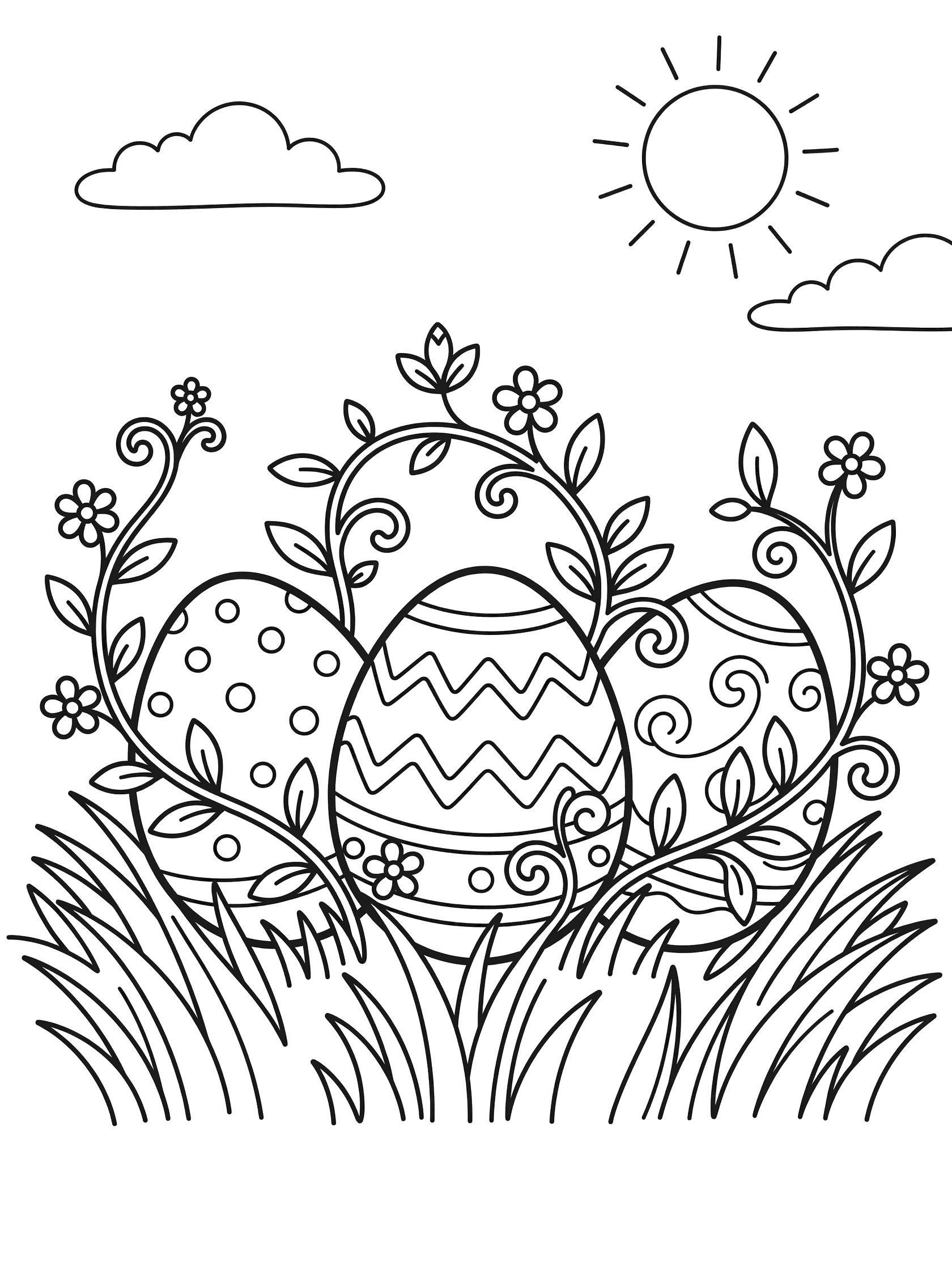 Printable coloring page showing three decorative Easter eggs wrapped in vines and flowers, sitting in grass with a sun and clouds above.