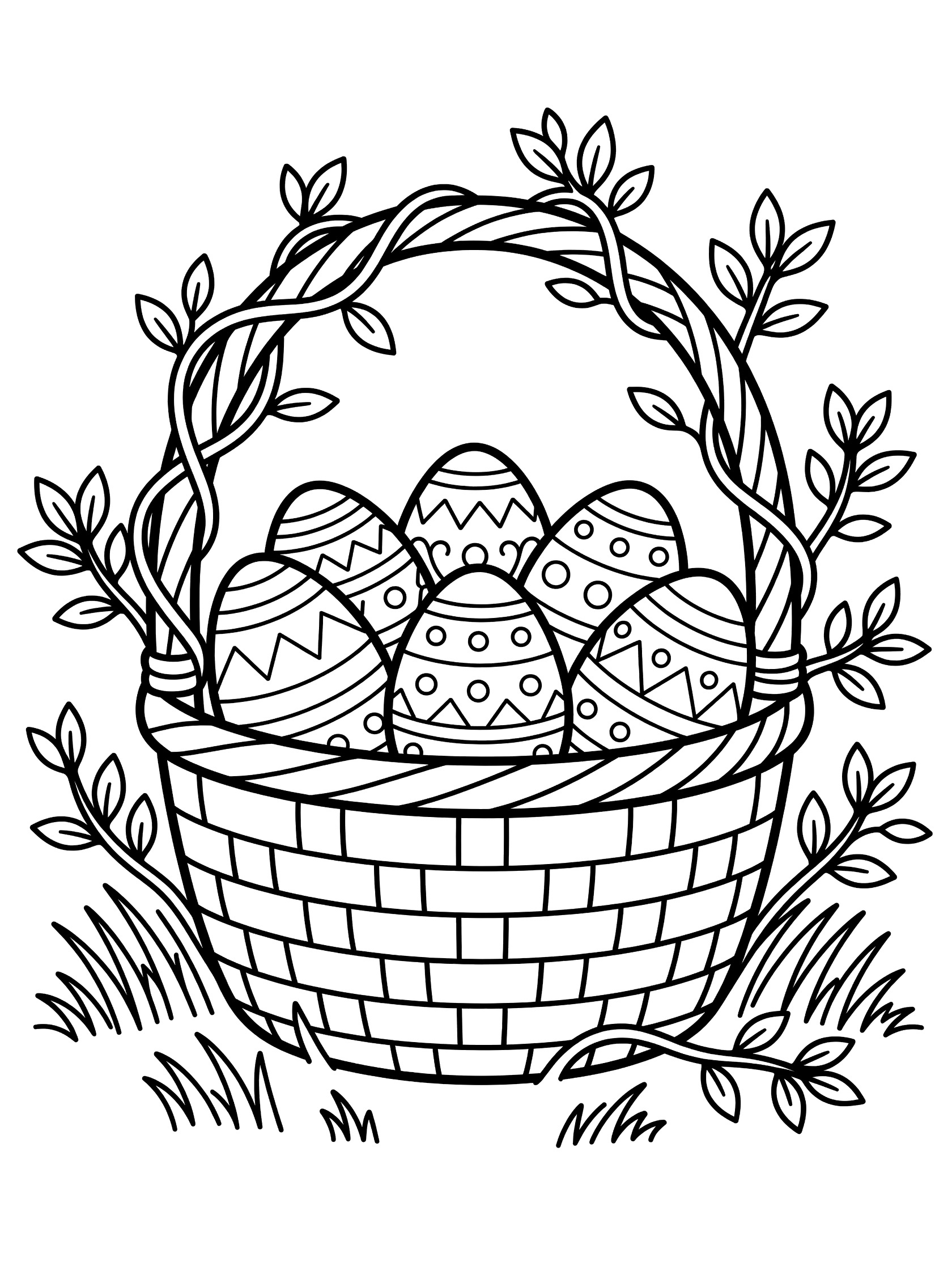 Black and white coloring page of an Easter basket filled with eggs, vines around the handle, and grass below