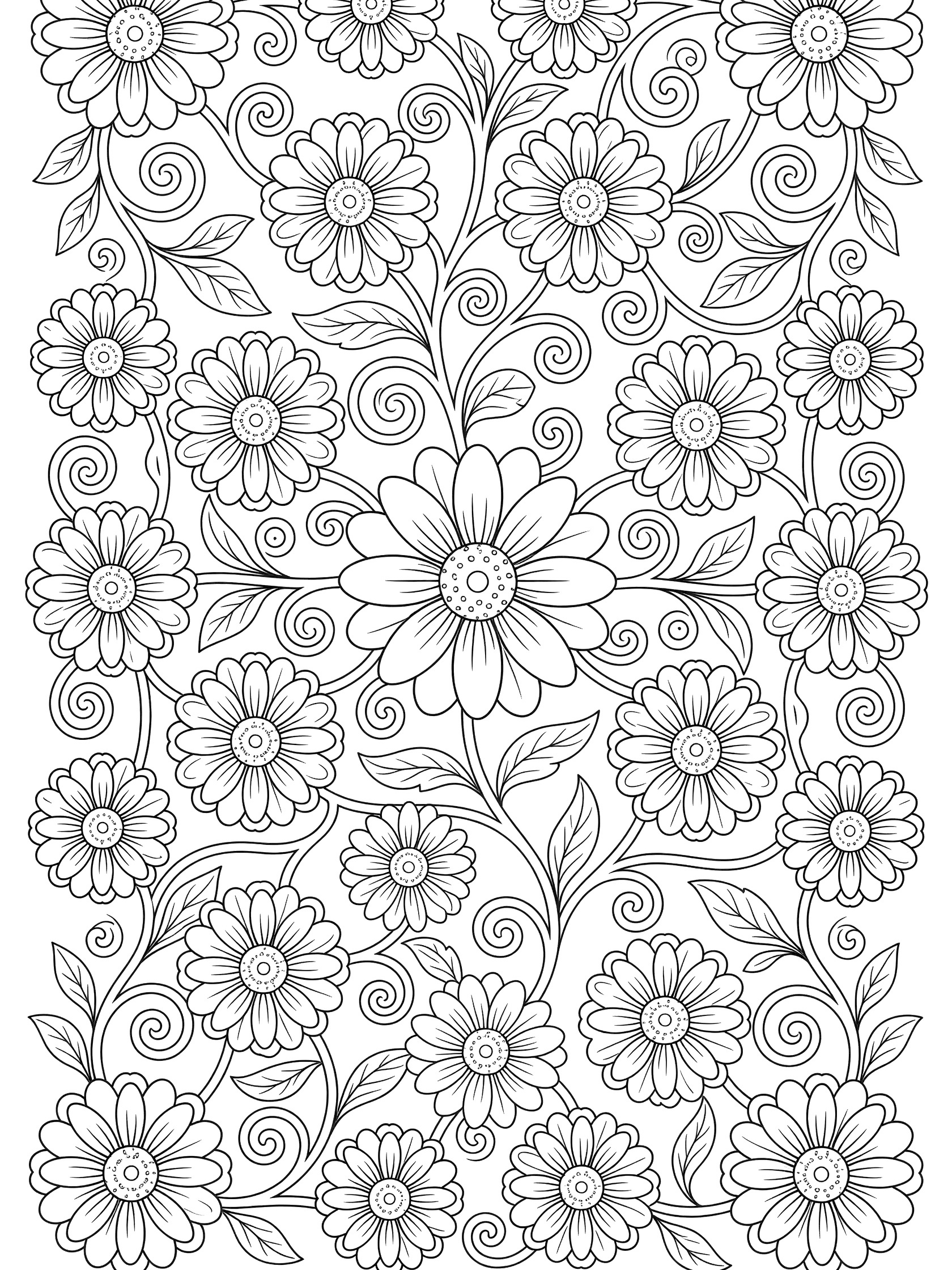 Black and white line art of a vining Daisy Mandala with curling vines, layered daisy petals, cheerful centers, and swirling leaves in a symmetric design.